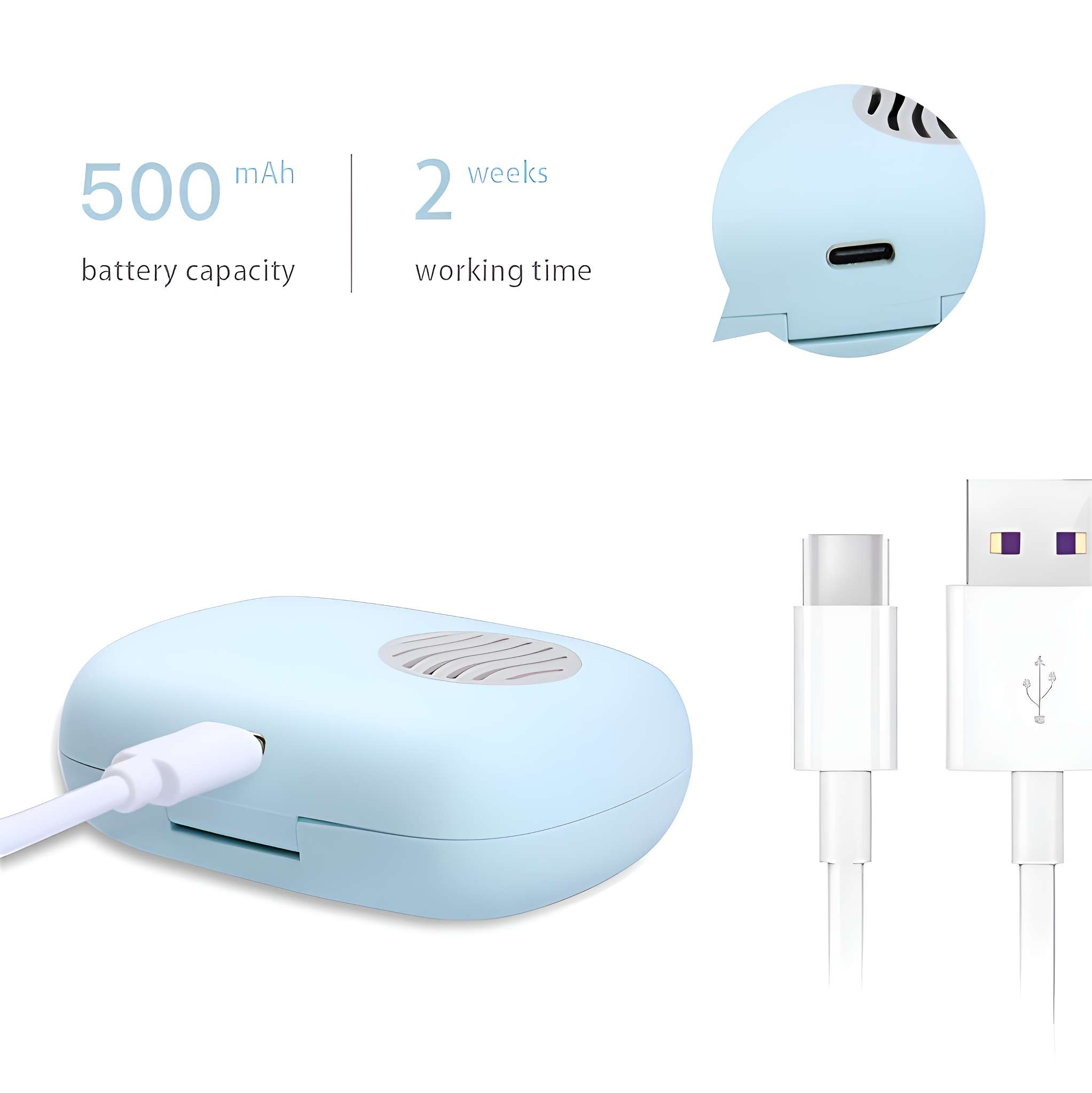Blaues Gerät mit weißem USB-Kabel. Text zeigt 500 mAh Batteriekapazität und 2 Wochen Arbeitszeit. Detaillierte Ansicht des Geräts.