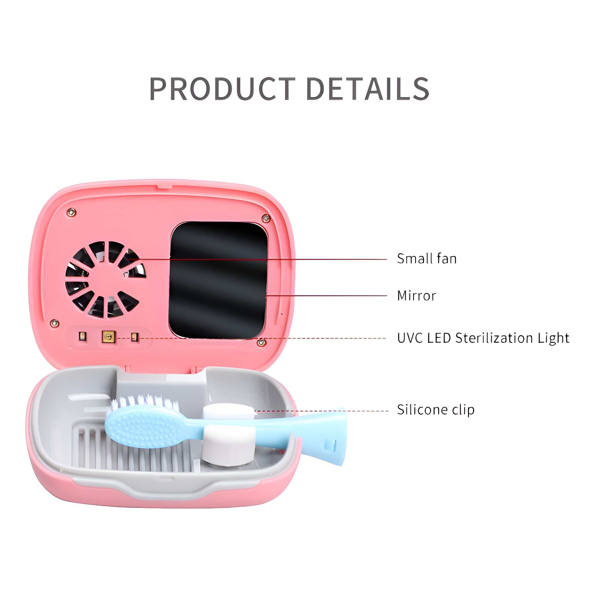 Rosa Gerät mit offenem Deckel, Spiegel, Ventilator und Zahnbürste. Enthält Etiketten für Lüfter, Spiegel, Licht und Silikonclip.