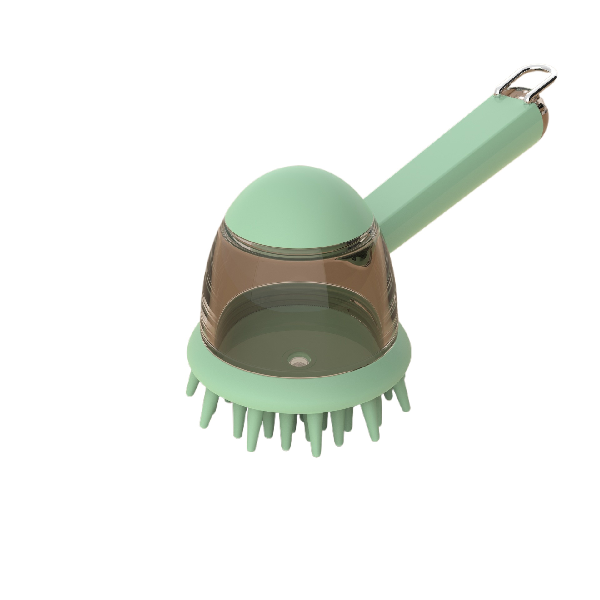 Auf weißem Hintergrund befindet sich ein mintgrüner Kopfhautmassager. Es hat einen Griff, eine transparente braune Kuppel und weiche Borsten.