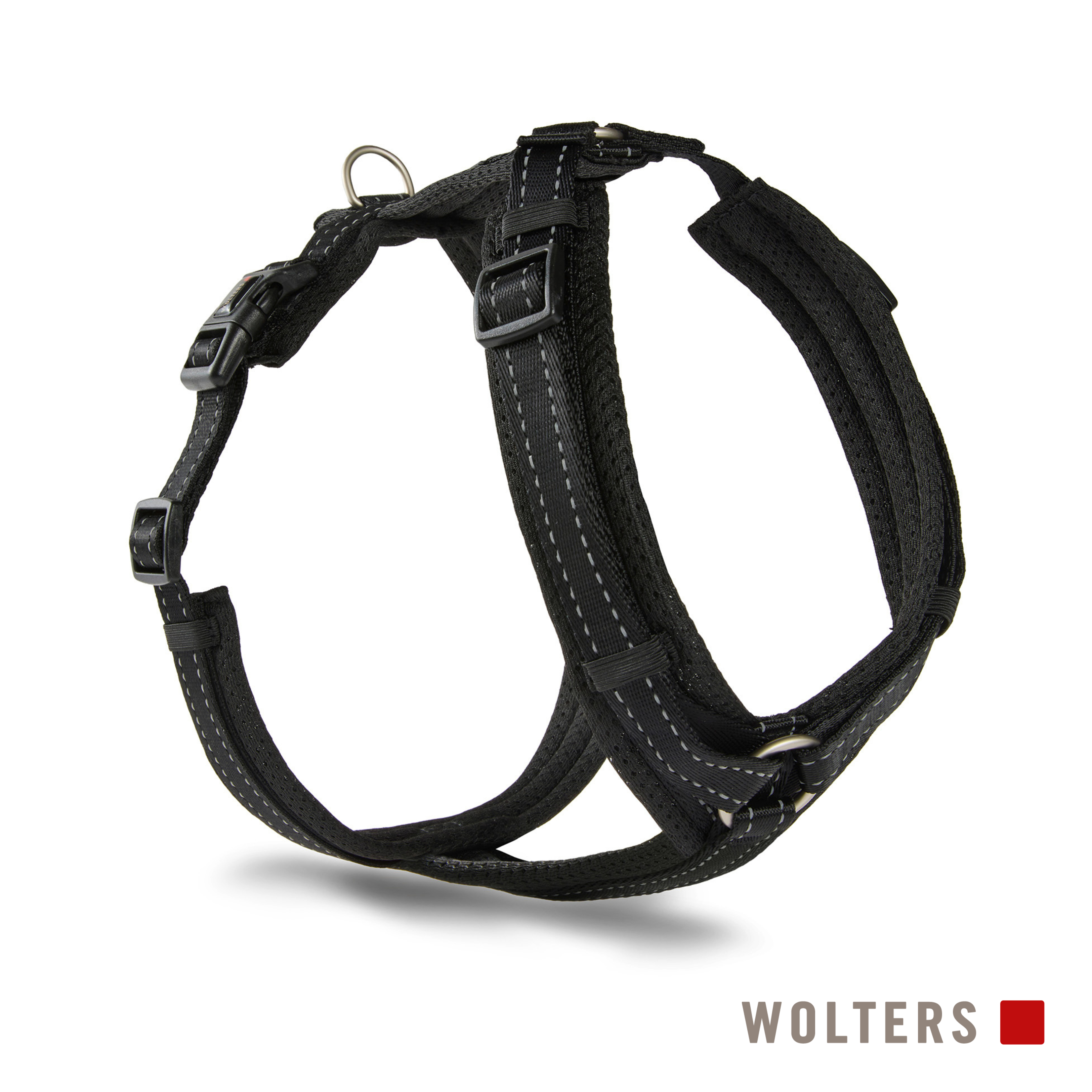 Schwarzes Hundegeschirr mit weißen Nähten, Schnallen und einem Metallring. Der Markenname WOLTERS steht unten.