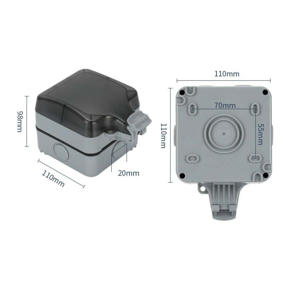 Graue und schwarze elektrische Anschlussdose mit Maßangaben. Die Draufsicht zeigt Schraubenlöcher und ein zentrales kreisförmiges Merkmal.