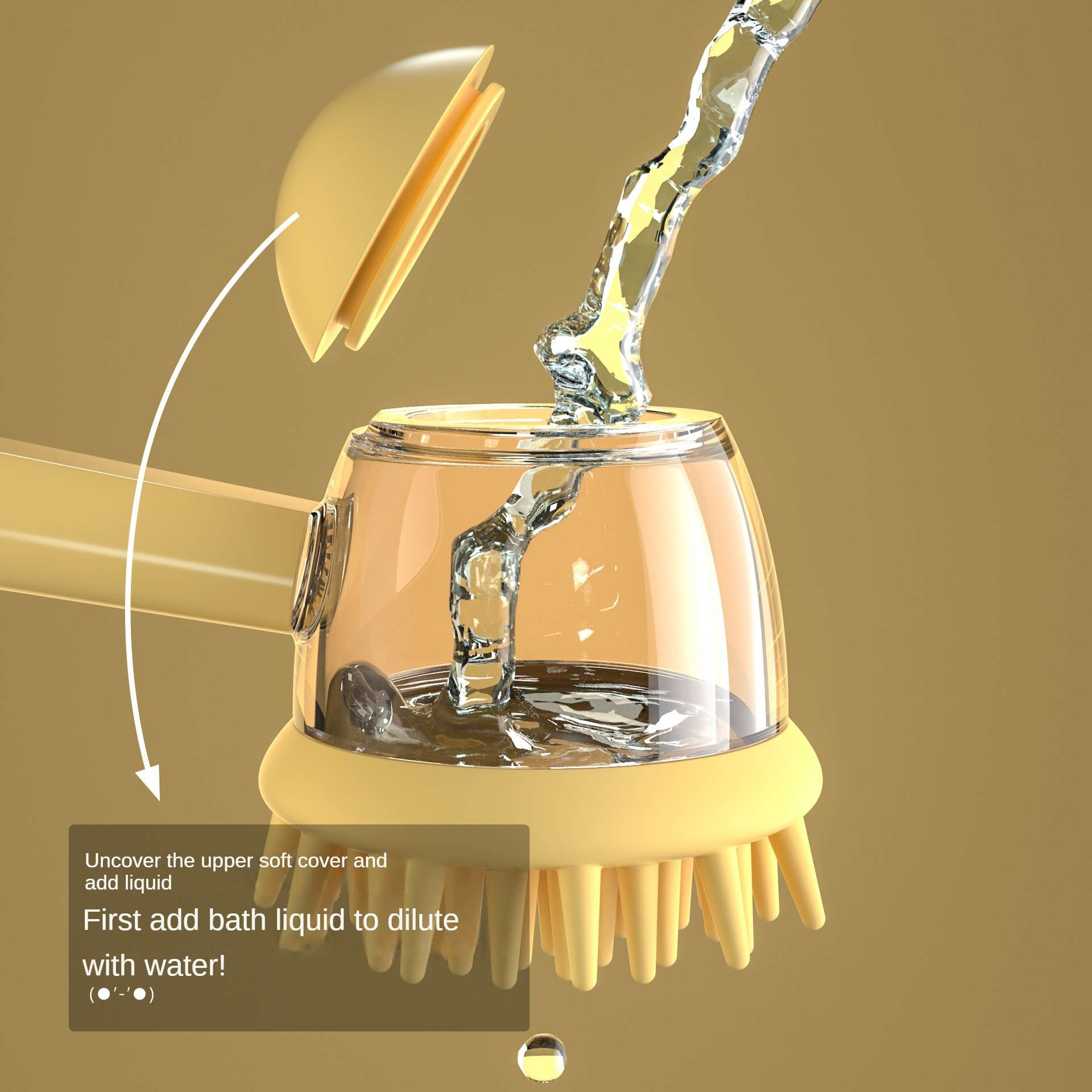 Ein gelber Badeflüssigkeitsspender, in den Wasser gegossen wird. Anweisungen: Badeflüssigkeit zum Wasser geben.