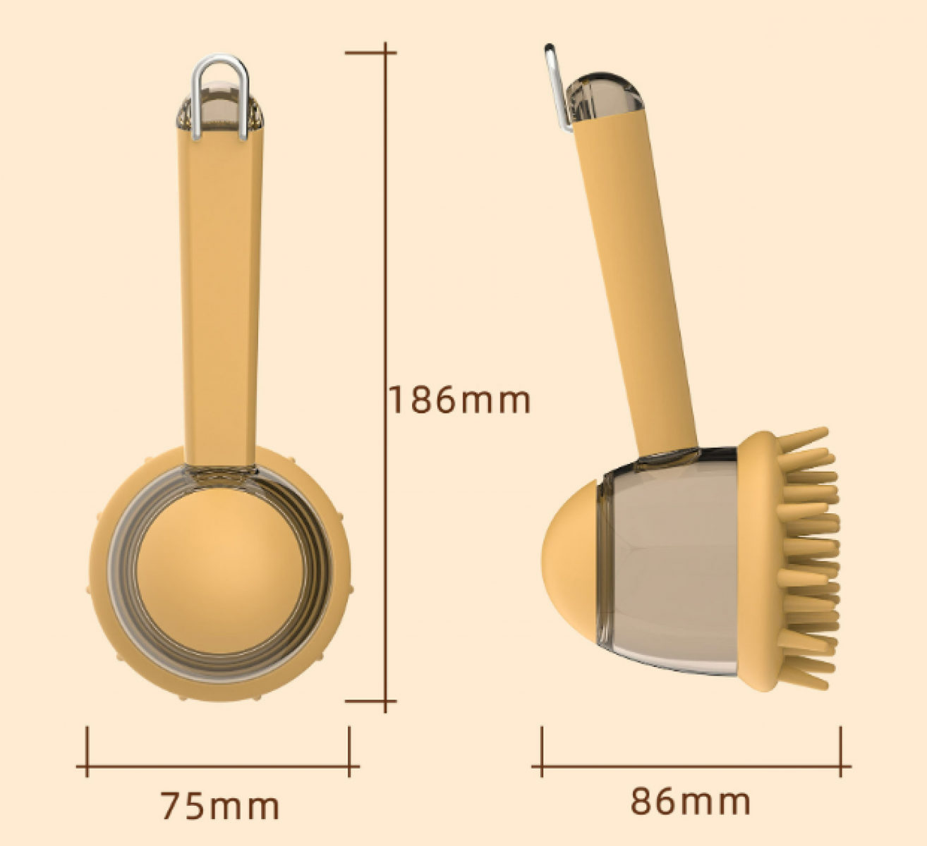 Gelbe Haustierbürste, Seiten- und Vorderansicht. Maße: 186 mm Höhe, 75 mm Breite (Vorderansicht), 86 mm Breite (Seitenansicht).