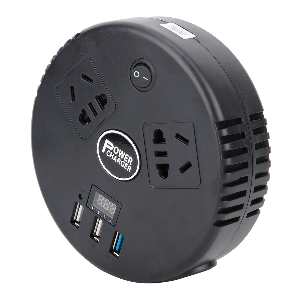 Schwarzes Ladegerät mit mehreren Steckdosen, USB-Anschlüssen und einer Digitalanzeige. Es hat einen Power-Knopf und einen weißen Schalter.