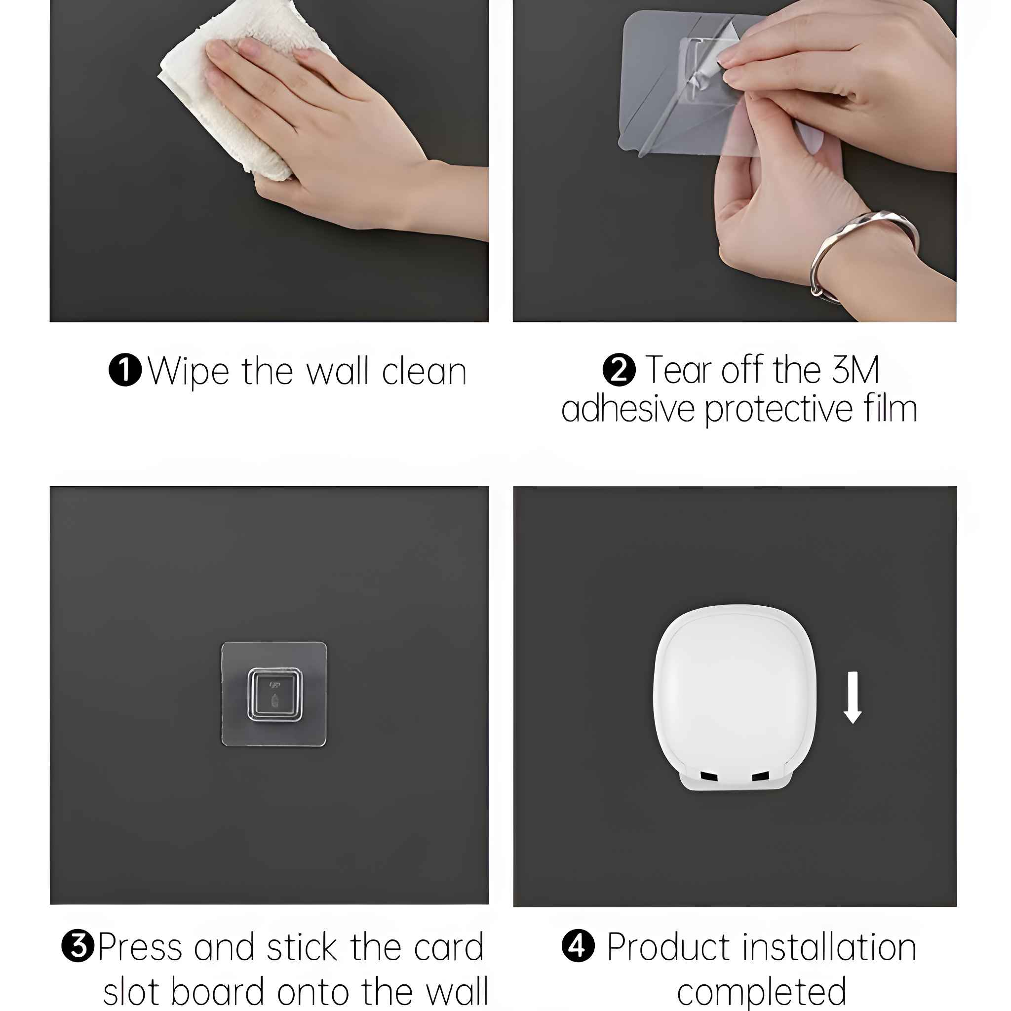 Schritt-für-Schritt-Anleitung für die Installation eines Wandprodukts. Enthält Wischen, Abziehen, Kleben und die endgültige Installation.