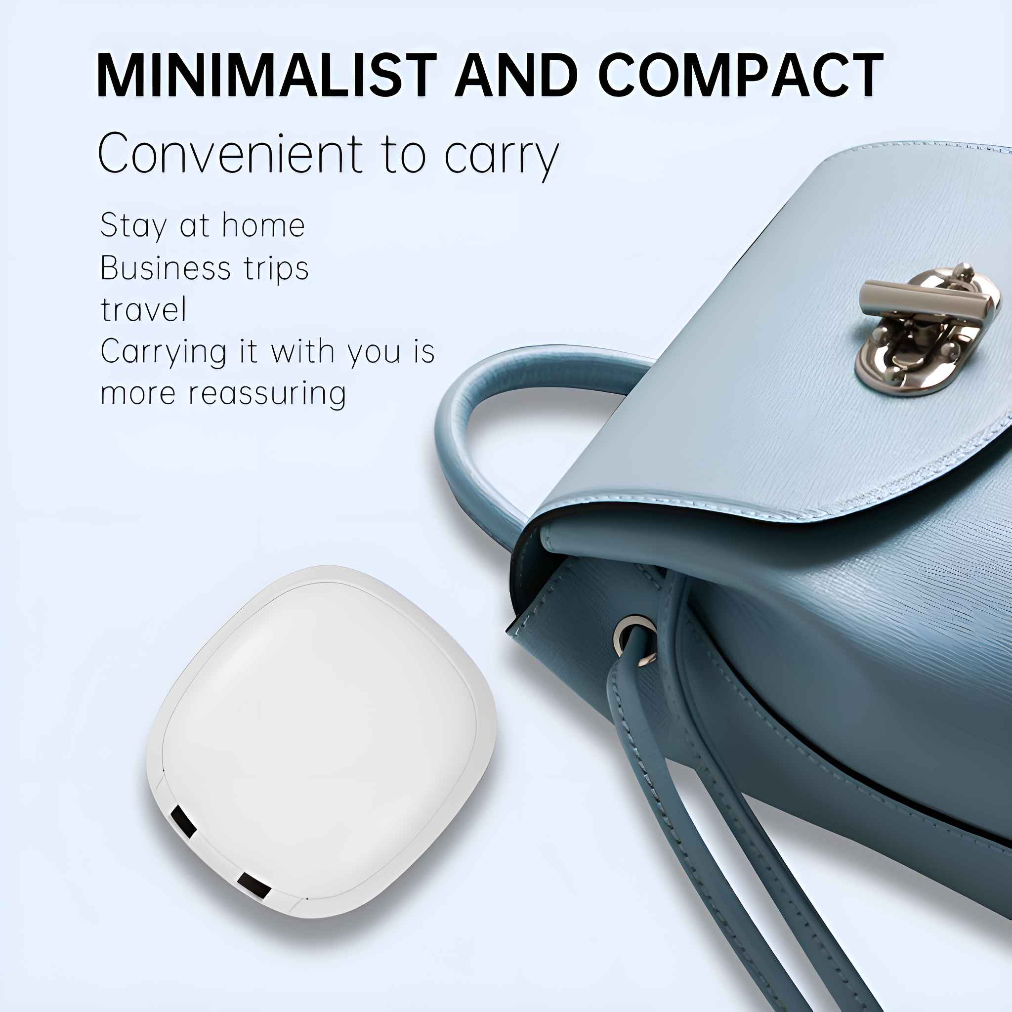 Ein weißes, abgerundetes Gerät liegt in der Nähe einer hellblauen Handtasche. Text auf weißem Hintergrund lautet 'Minimalistisch und Kompakt'.