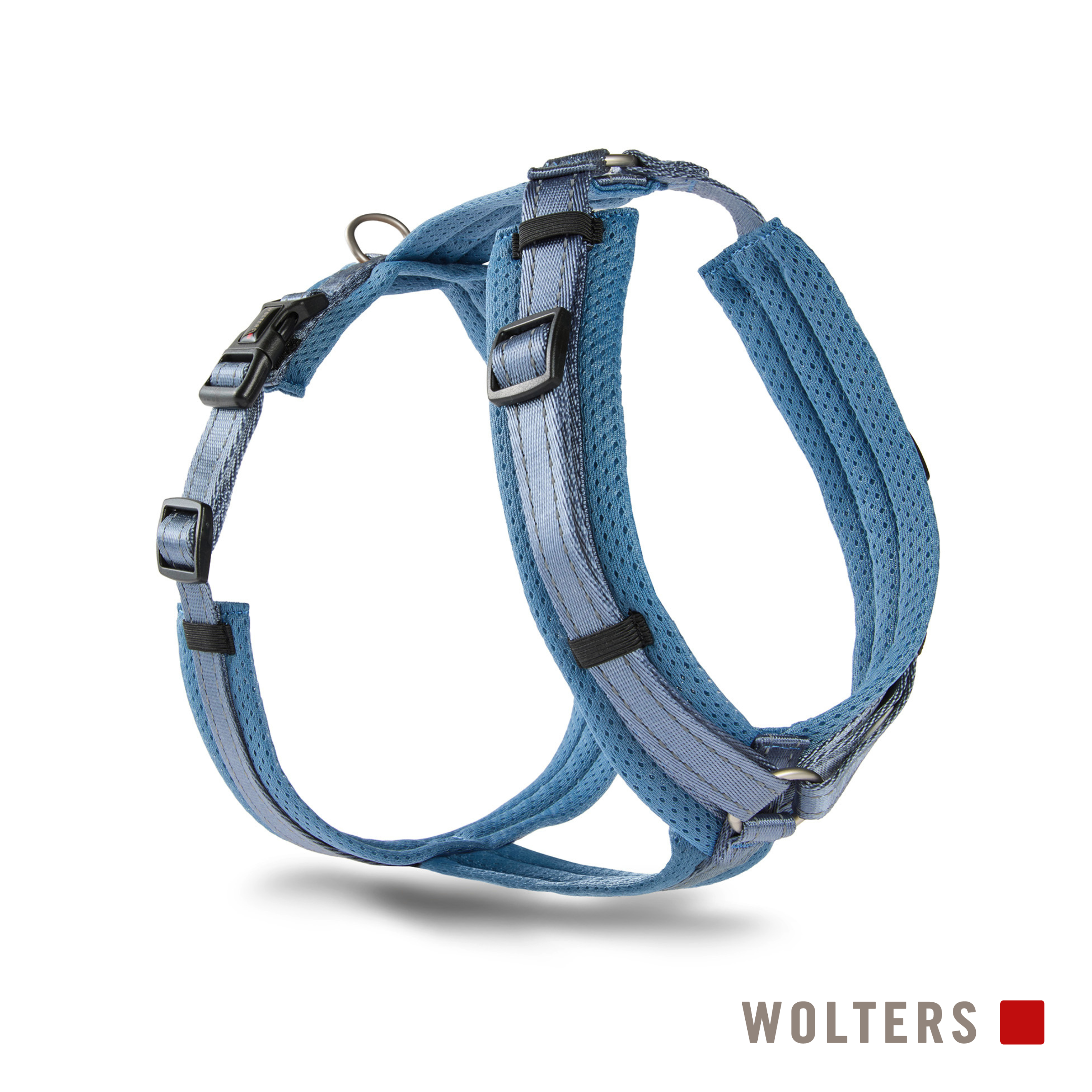 Blaues Hundegeschirr auf weißem Hintergrund. Es hat verstellbare Riemen und einen Metallring für die Leinenbefestigung. Die Marke ist Wolters.