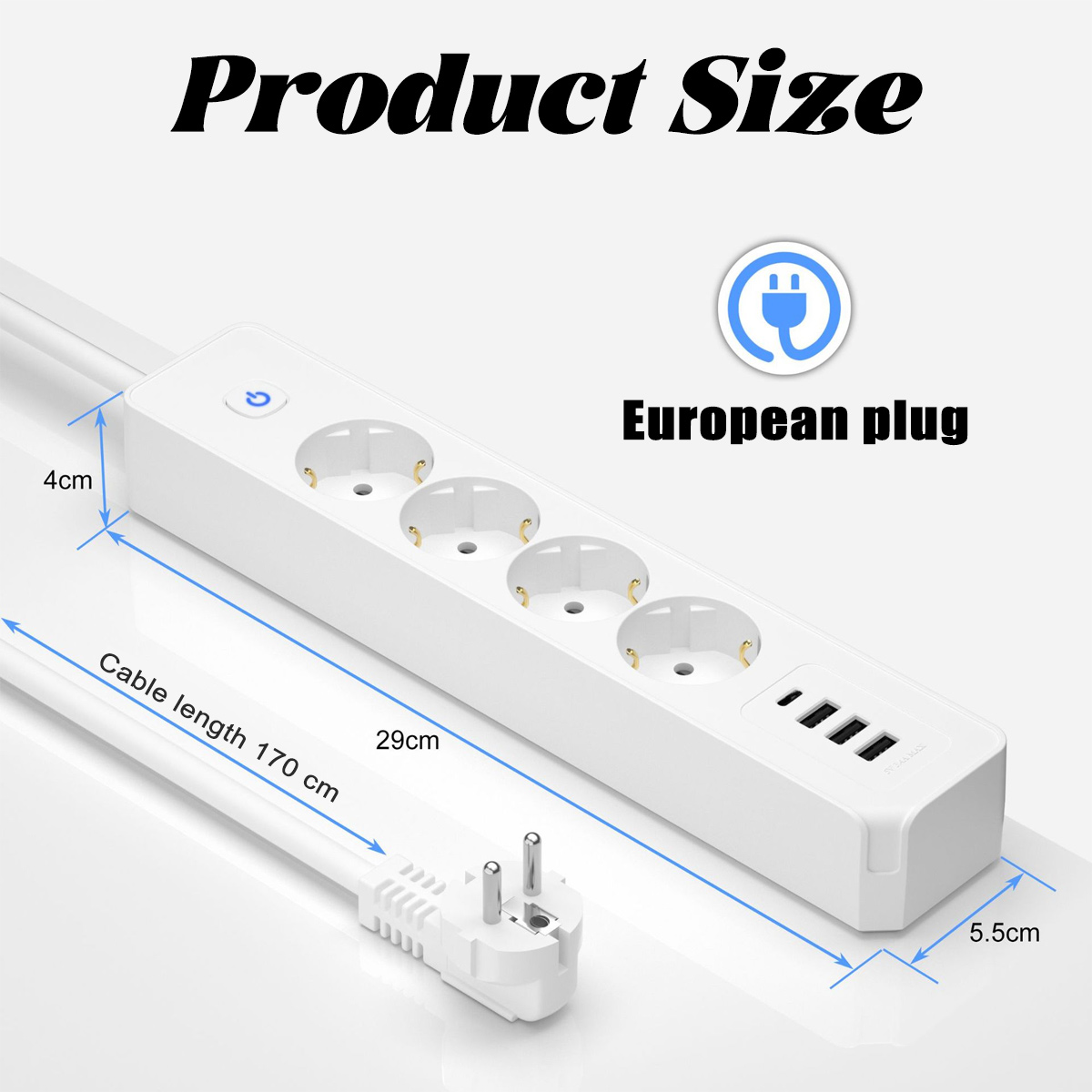 Weißer Steckerleiste mit vier Steckdosen, USB-Anschlüssen und einem Eurostecker. Abmessungen sind mit Etiketten und Pfeilen angegeben.