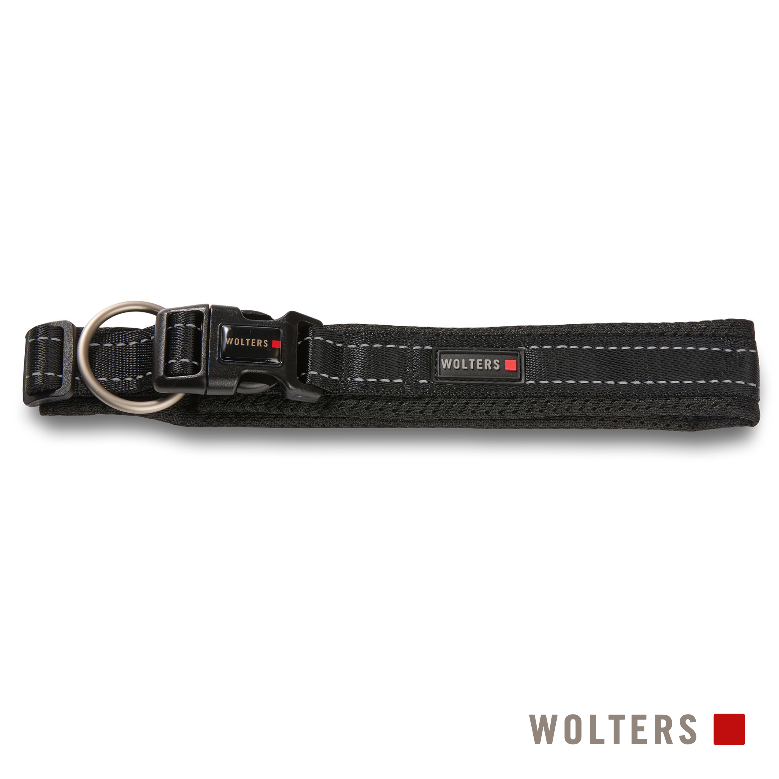 Schwarzes Hundehalsband mit silbernem Ring und Schnalle, weißen Nähten und reflektierendem Streifen. Markenname 'Wolters'.