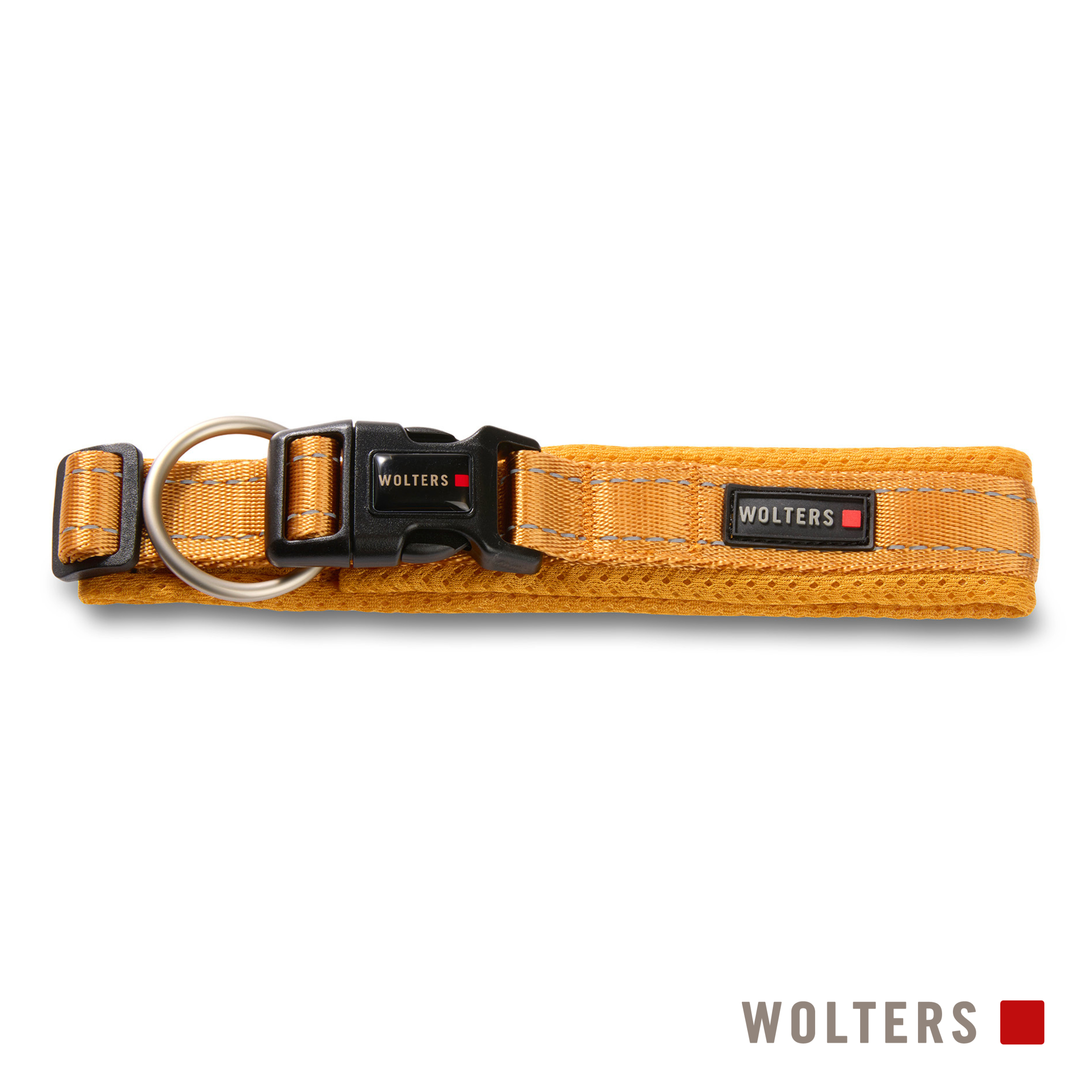 Senffarbenes Hundehalsband mit schwarzer Schnalle, Metallring und 'WOLTERS'-Etiketten. Text 'WOLTERS' unten.