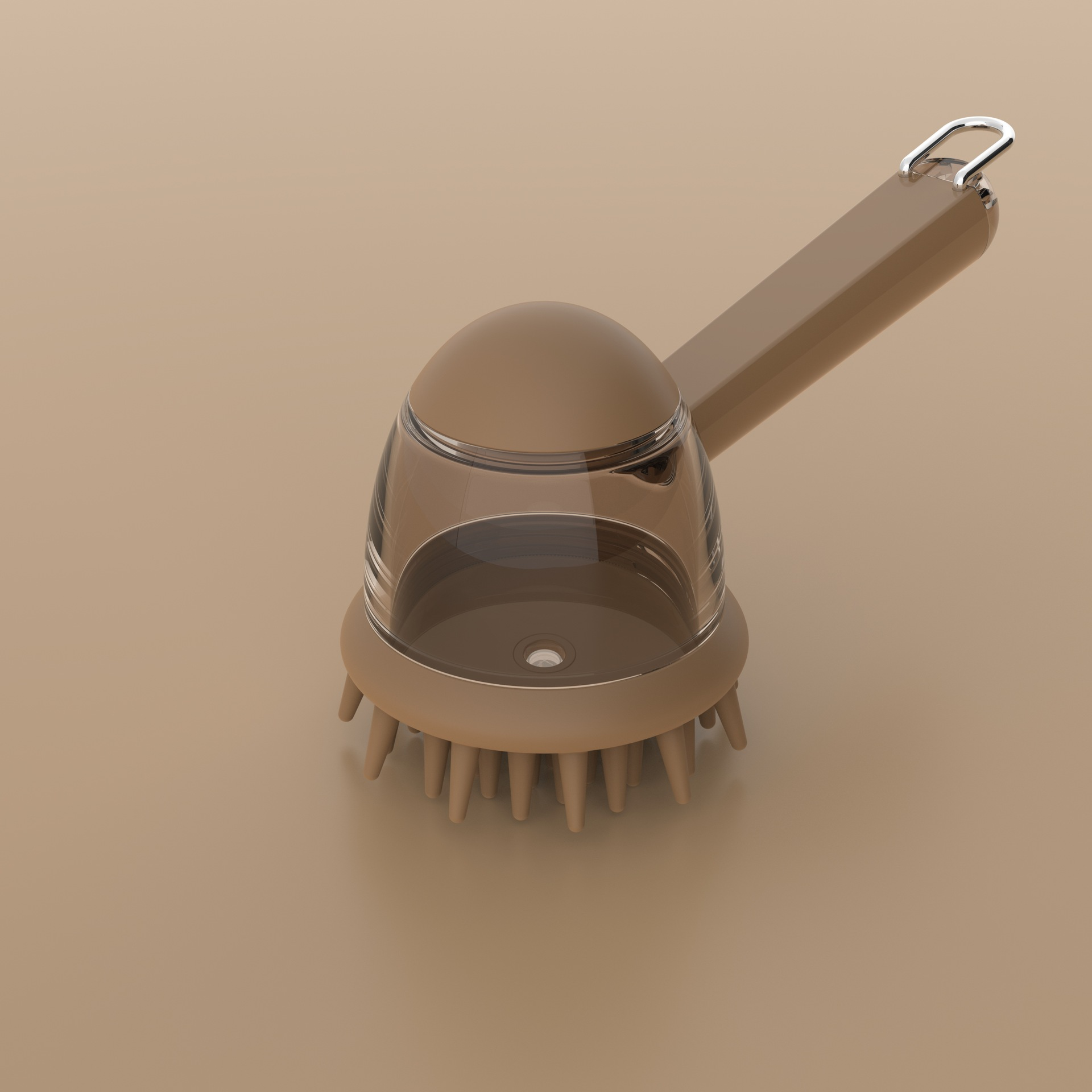 Eine braune Massagebürste mit einer durchsichtigen Kuppel und einem Griff, Metallschlaufe. Die Bürste hat weiche Borsten auf braunem Hintergrund.