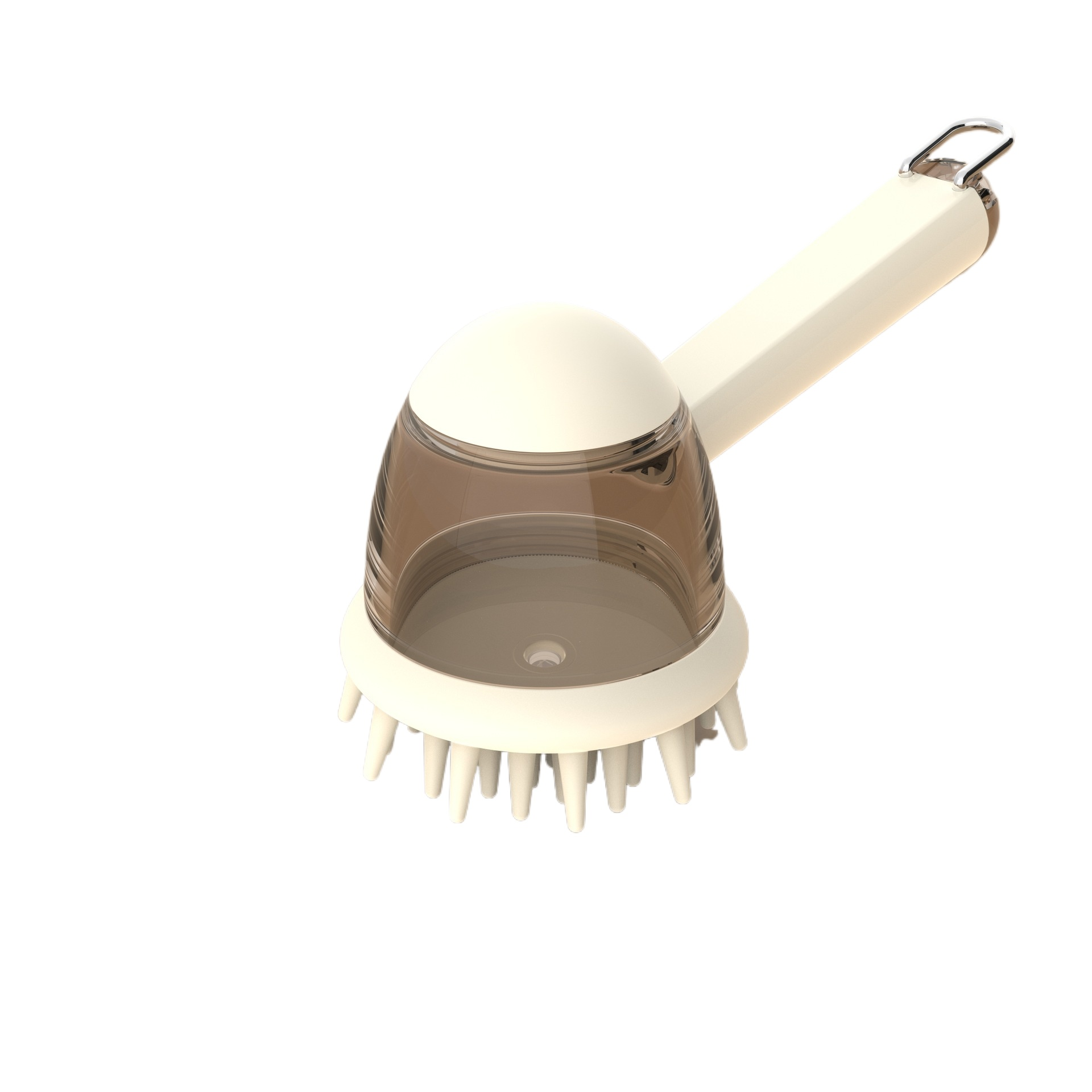 Ein hellbeige Duschkopf mit einem durchsichtigen, braun getönten Oberteil und Borsten. Es hat einen Griff und eine Metallschlaufe.