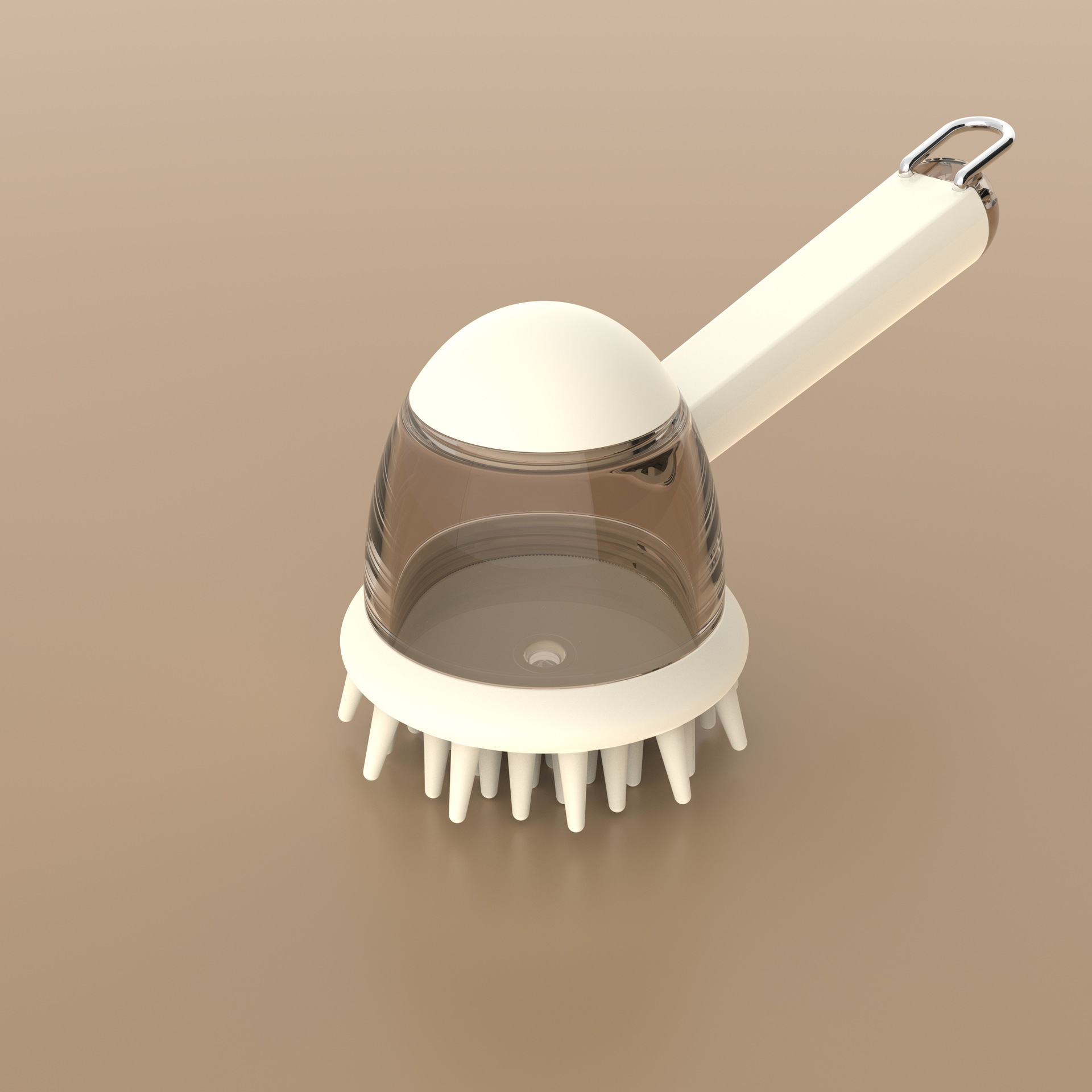 Eine weiße Massagebürste mit transparentem Dom, weißen Borsten und einem Griff. Sie steht vor einem beigefarbenen Hintergrund.