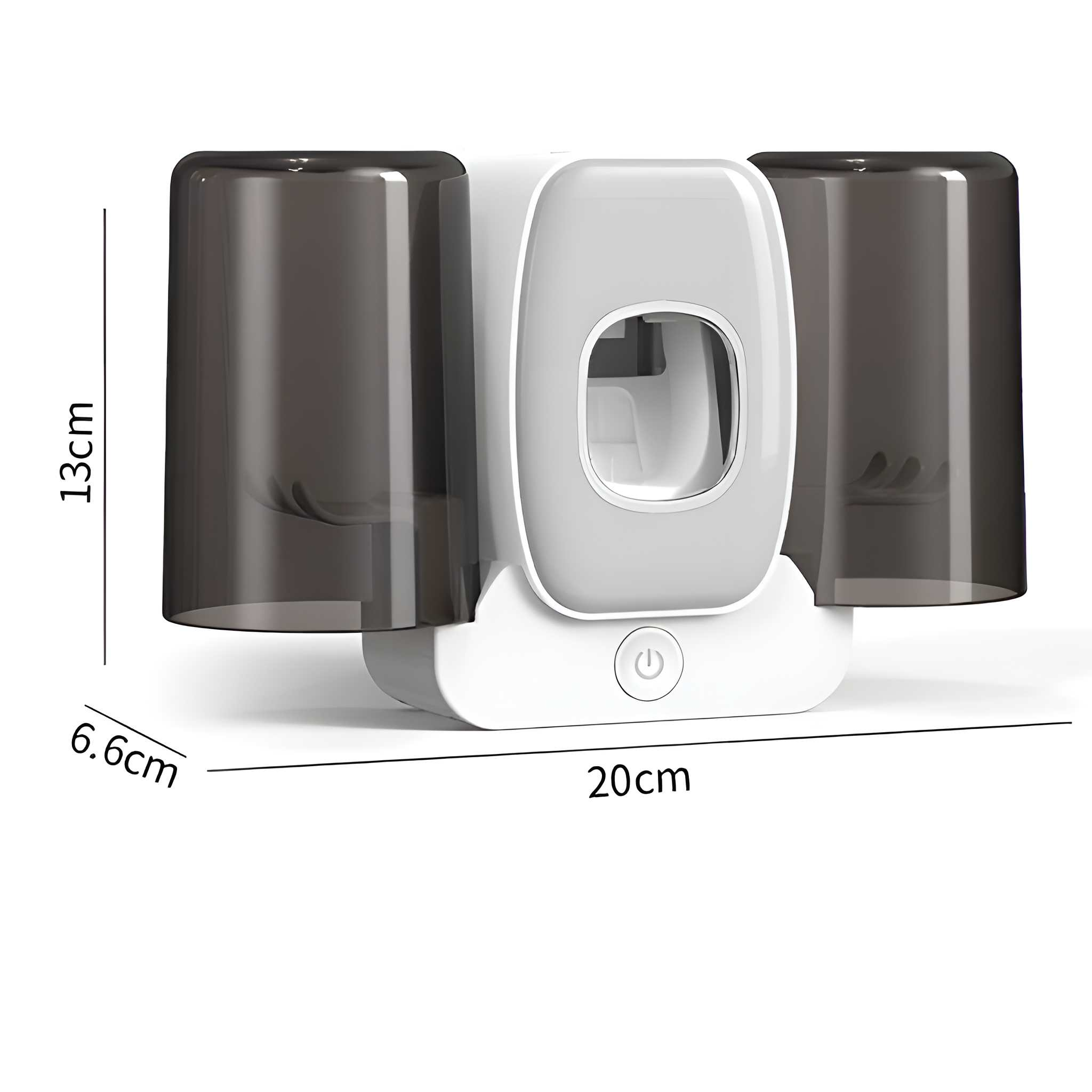 Weiß-grauer Zahnbürstenhalter mit zwei dunkelgrauen Becherabdeckungen, Abmessungen sind beschriftet, 20 cm breit und 13 cm hoch.