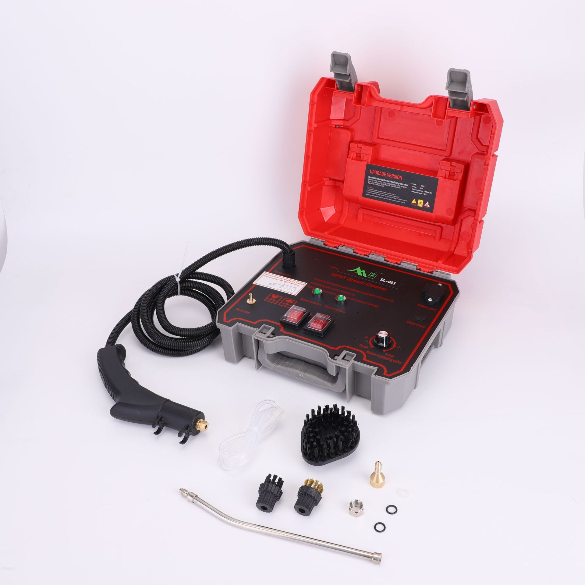Ein HPHT-Dampfreiniger-Kit mit rotem und grauem Gehäuse, Schlauch, Zubehör und einer schwarzen Dampfpistole auf weißem Untergrund.