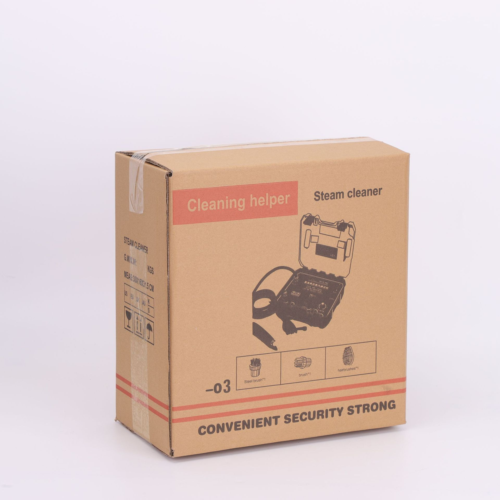 Ein Karton mit der Aufschrift 'Dampfreiniger' und einer Zeichnung eines Dampfreinigers und Zubehörs. Die Box steht auf weißem Grund.