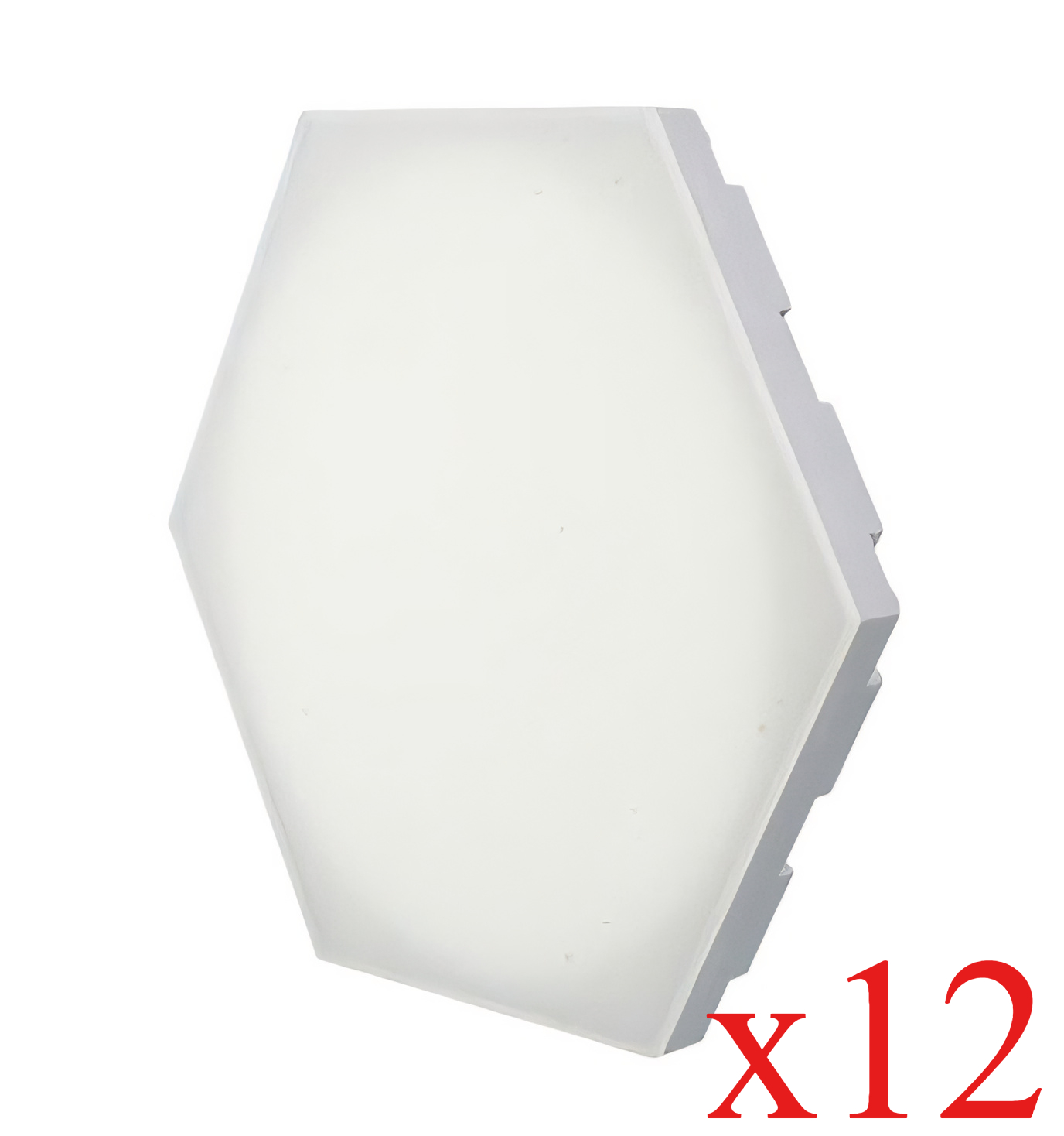 Ein weißes, sechseckiges Lichtpaneel mit grauem Rahmen. Der Text "x12" in Rot befindet sich unten rechts.