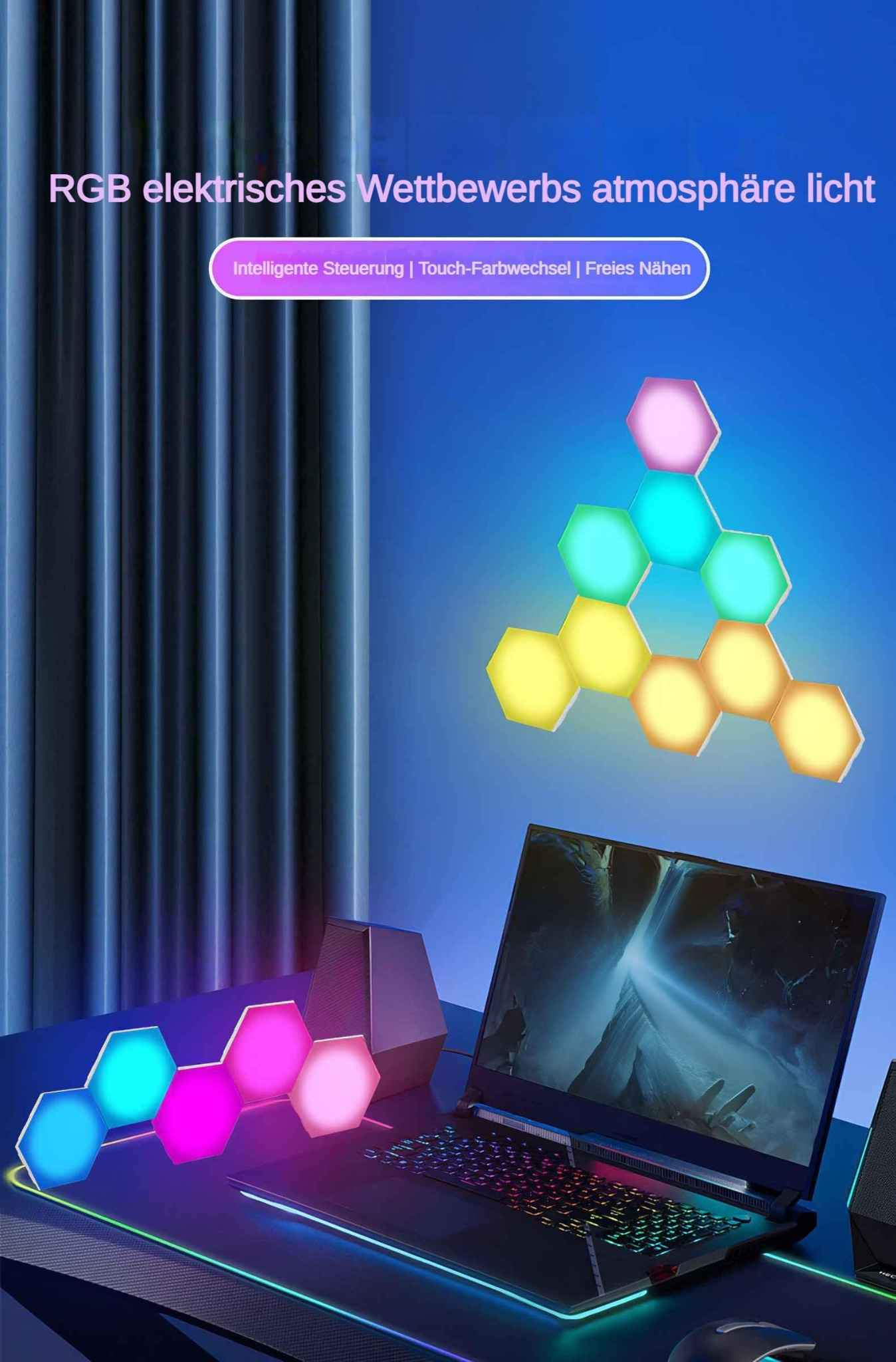 Ein Laptop steht auf einem Schreibtisch mit bunten sechseckigen Lichtern. Die Lichter und die Laptop-Tastatur leuchten in verschiedenen Farben.