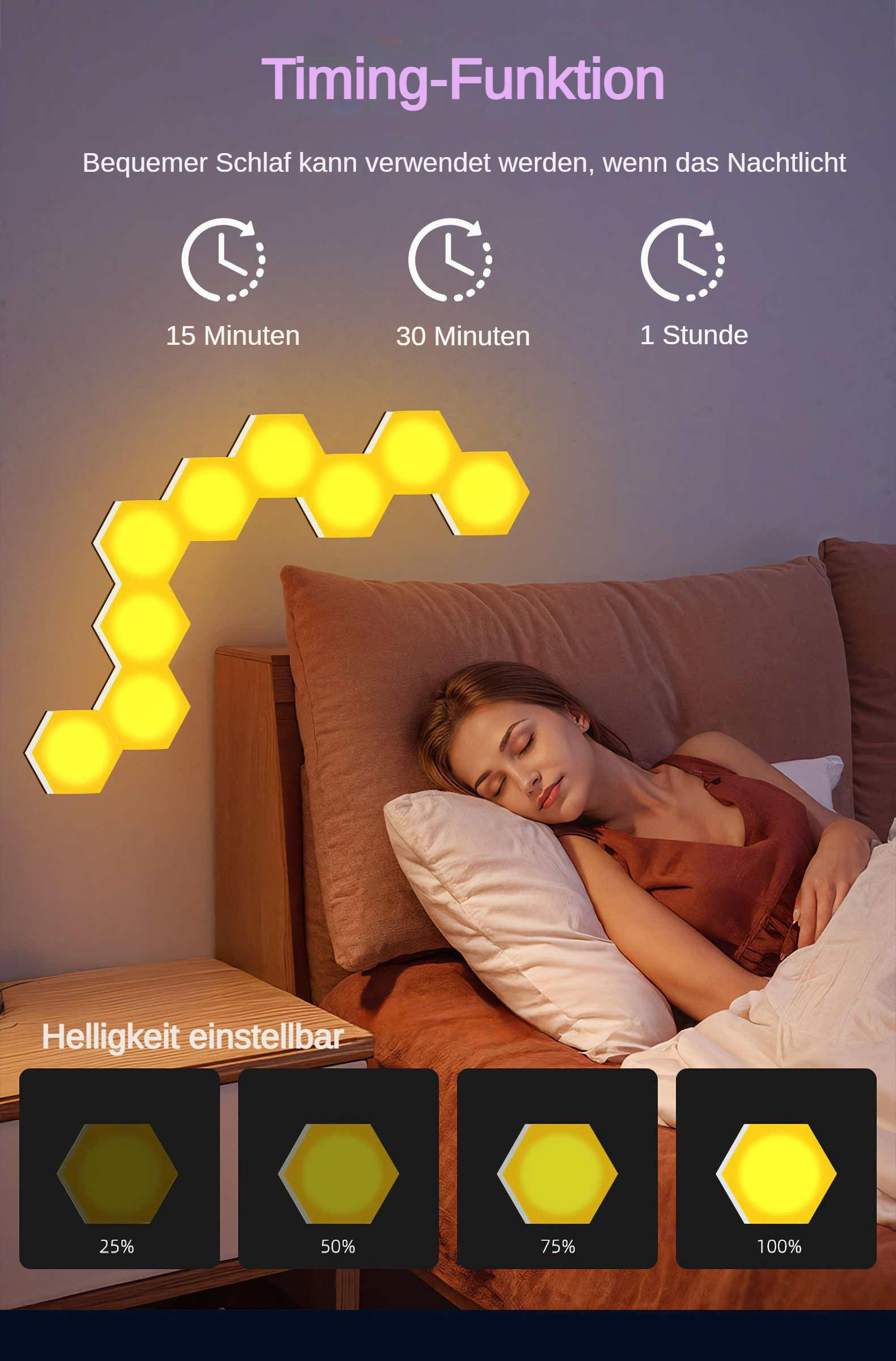 Eine Frau schläft im Bett. Gelbe sechseckige Lichter an der Wand. Einstellungen für Zeit und Helligkeit werden angezeigt.