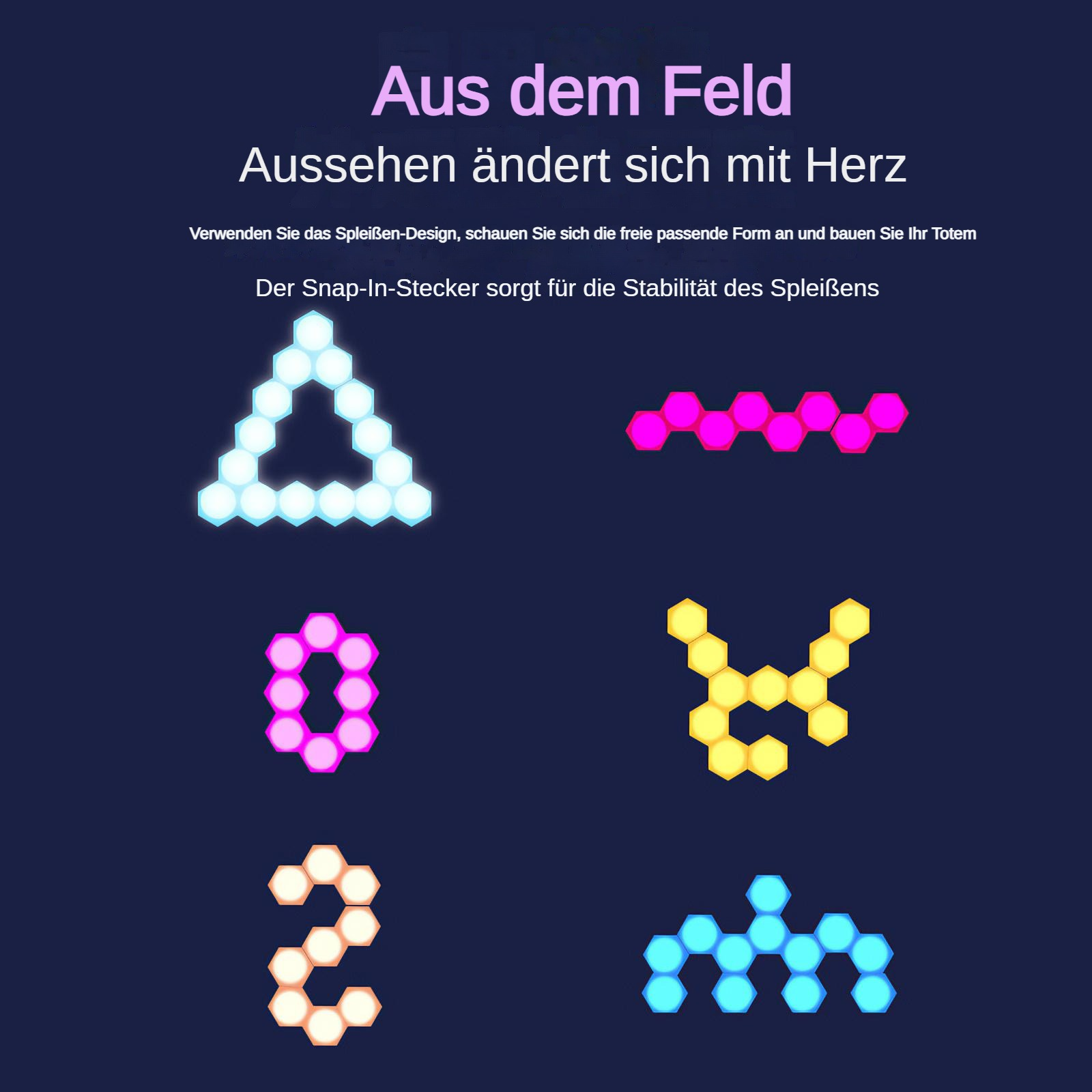 Das Bild zeigt geometrische Formen in verschiedenen Farben. Die Formen sind in verschiedenen Mustern auf dunklem Hintergrund angeordnet.