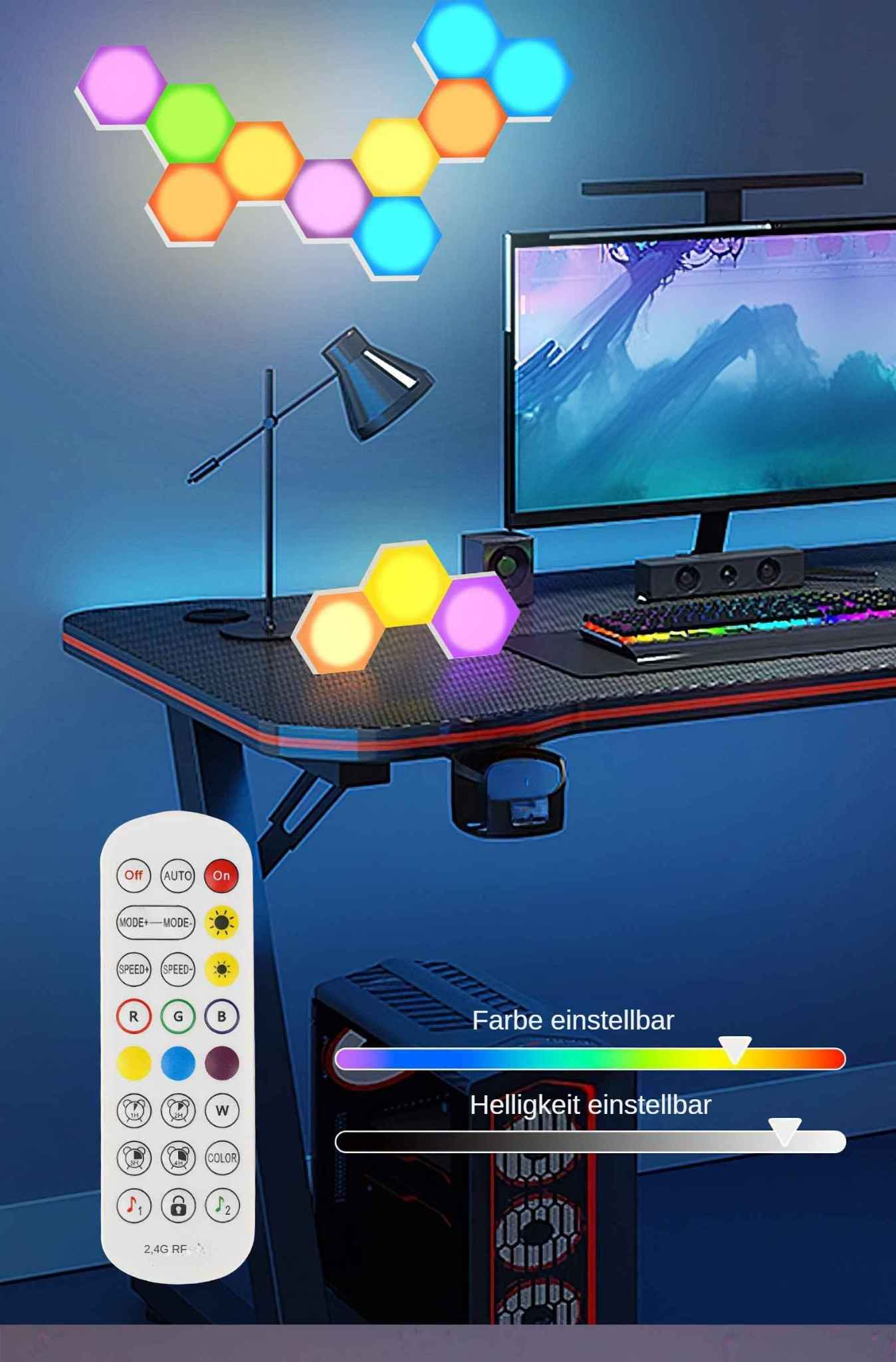 Schreibtisch mit bunten sechseckigen Lichtern, Monitor, Tastatur und Fernbedienung. Ein Computergehäuse ist sichtbar.