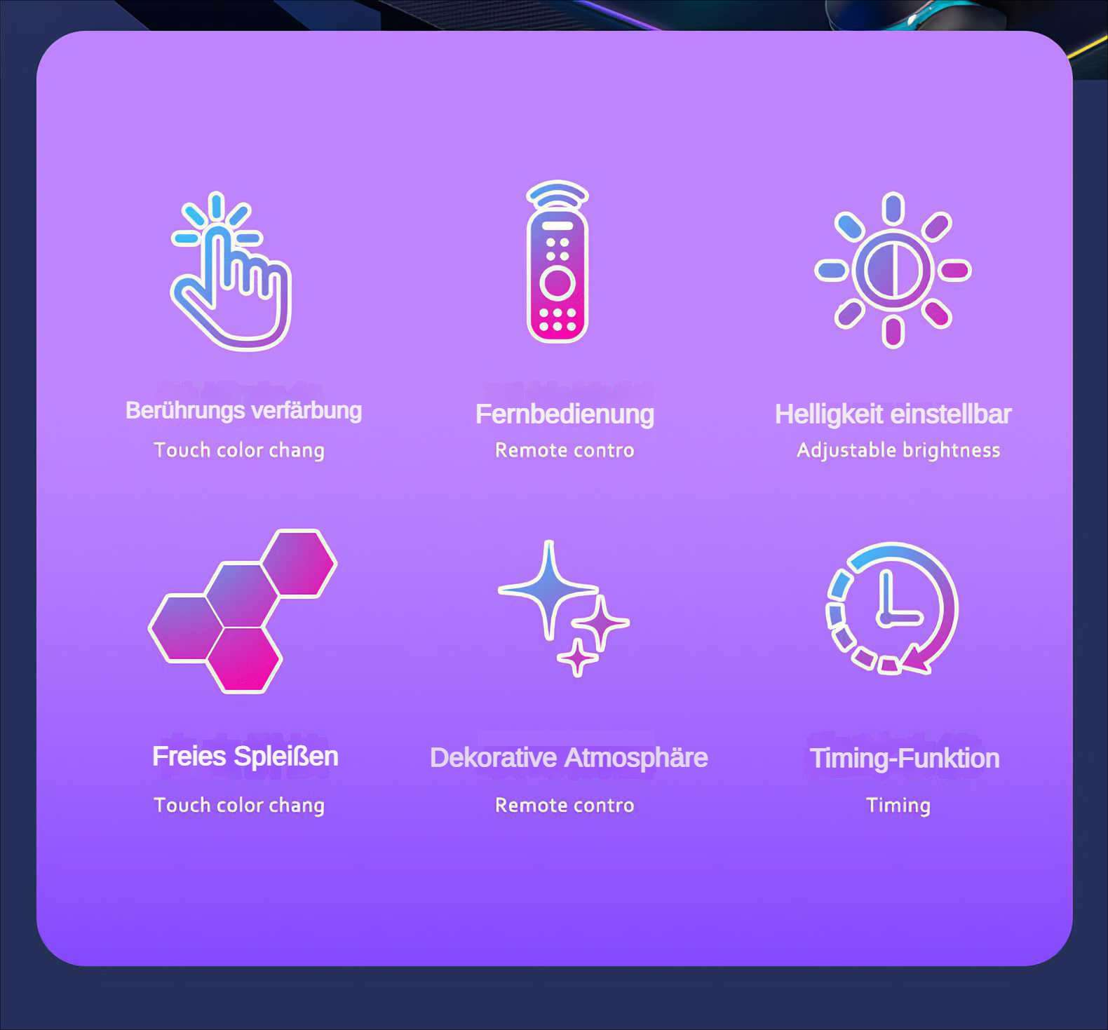 Infografik mit Symbolen für Funktionen: Farbwechsel, Fernbedienung, einstellbare Helligkeit, Timing und dekorative Atmosphäre.