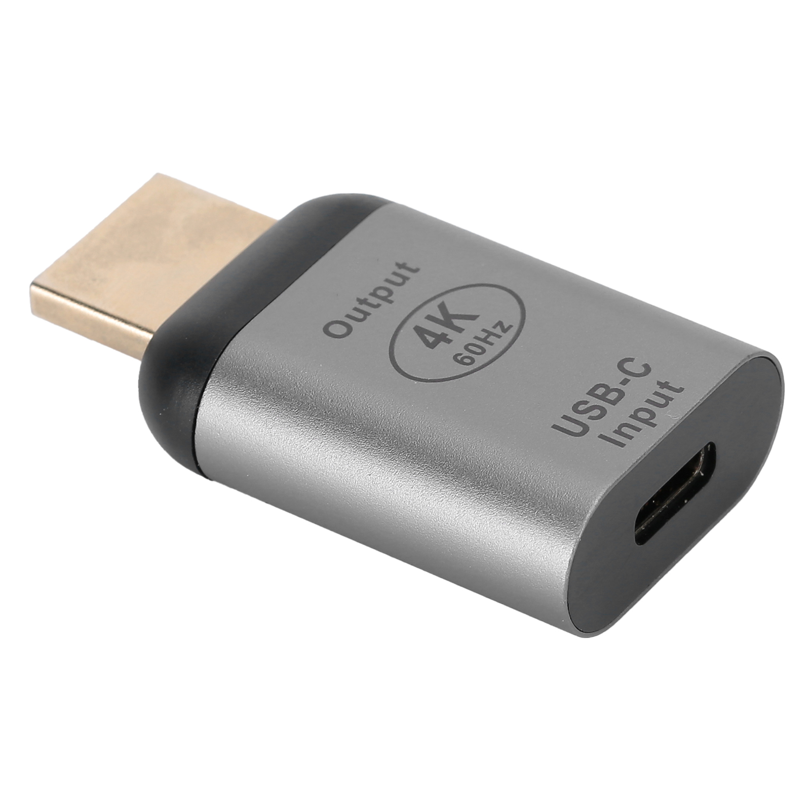 Ein silberner Adapter mit HDMI-Ausgang und USB-C-Eingang, gekennzeichnet mit 4K 60Hz. Der Adapter befindet sich auf weißem Hintergrund.