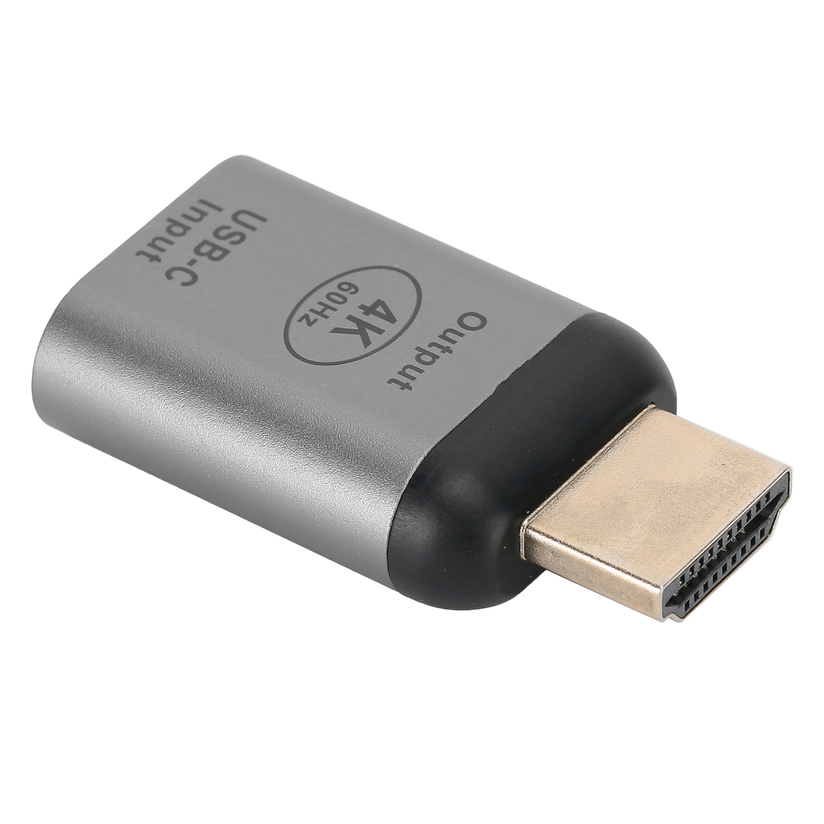 Silberner und schwarzer HDMI-Adapter. Er hat einen USB-C-Eingang und einen 4K-Ausgang, 60 Hz. Der HDMI-Anschluss ist goldfarben.
