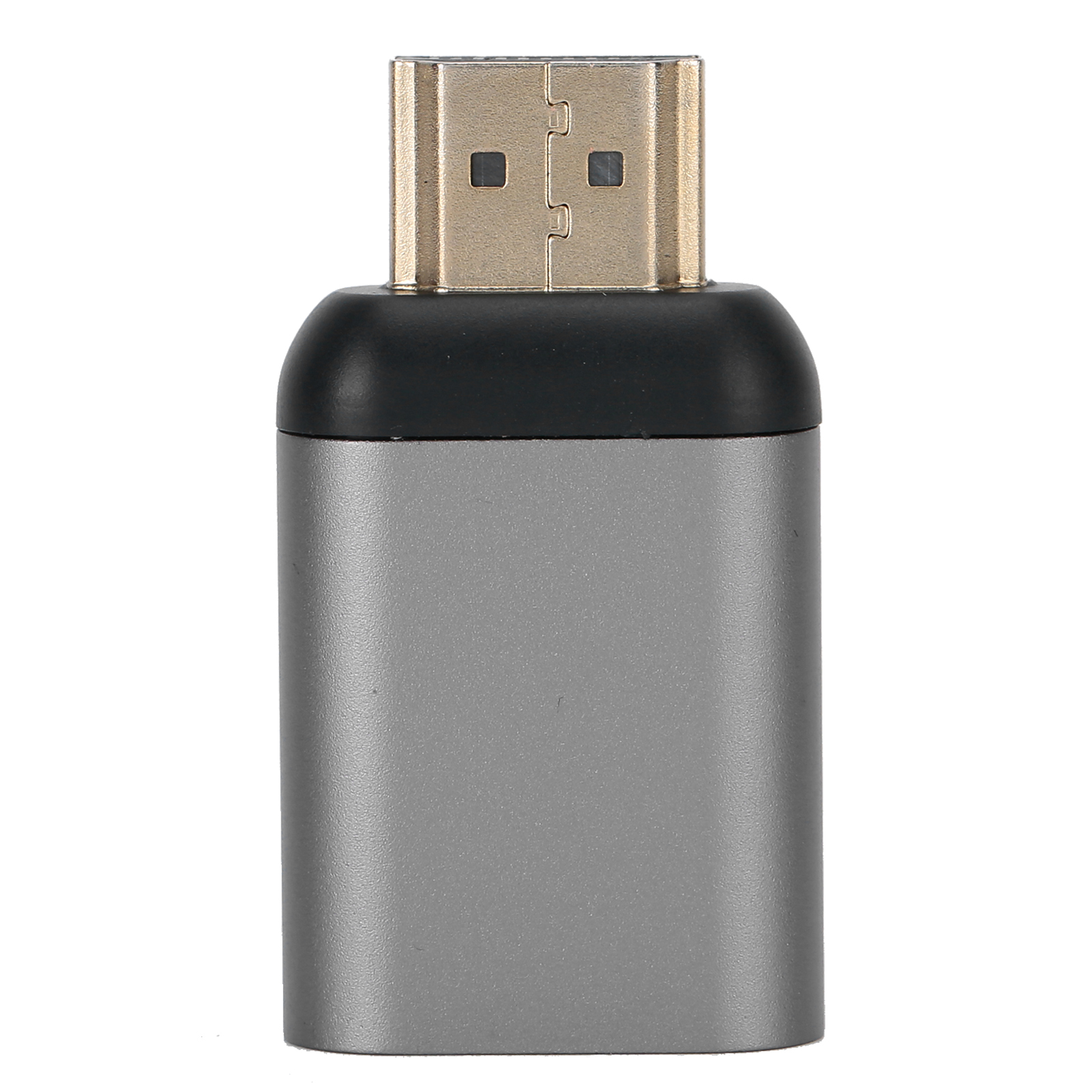 Ein silberner HDMI-Adapter mit einem goldfarbenen Stecker. Der Adapter befindet sich auf weißem Hintergrund.