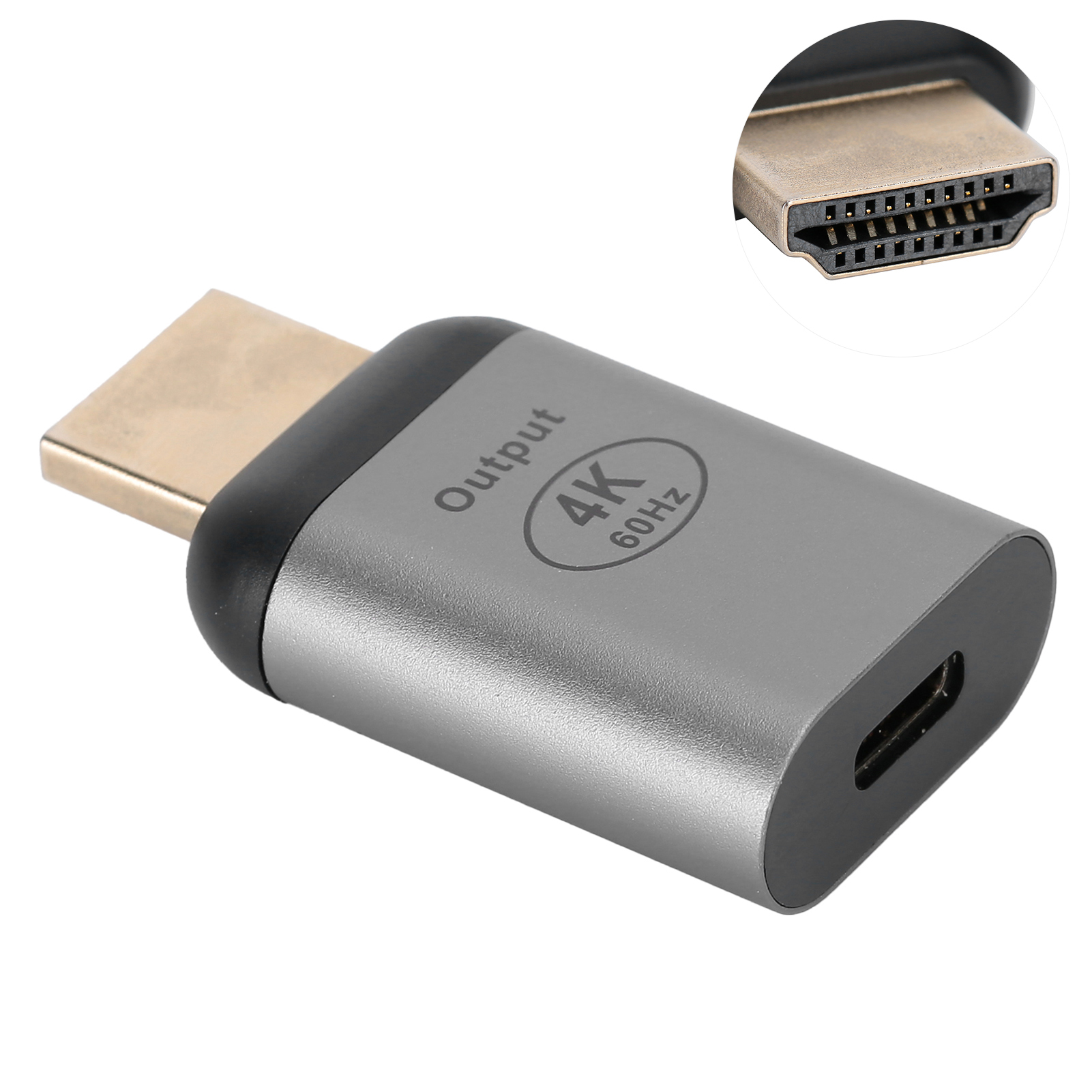 Ein grauer HDMI-Adapter mit USB-C-Anschluss. Er hat einen goldfarbenen HDMI-Anschluss und ein 4K 60Hz-Logo.
