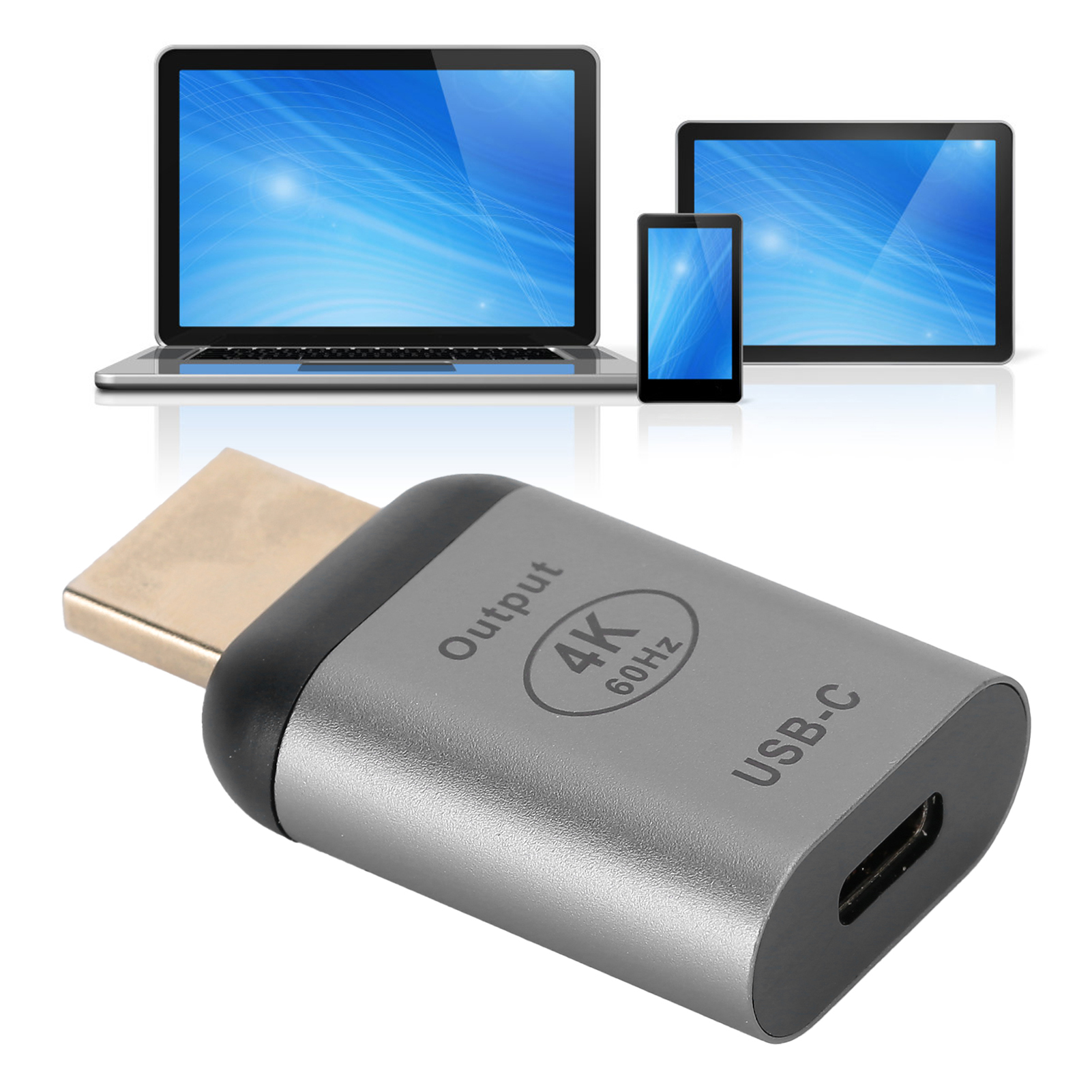 Ein USB-C-zu-HDMI-Adapter mit Laptop, Tablet und Telefon im Hintergrund, alle mit blauen Bildschirmen.