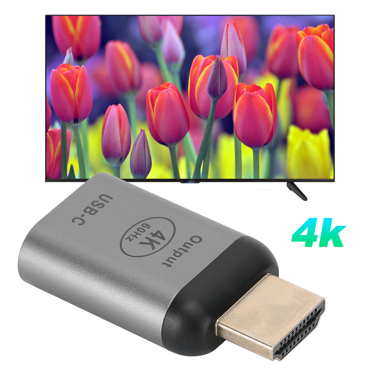 Ein Fernseher zeigt rote und gelbe Tulpen. Im Vordergrund befindet sich ein silberner USB-C-zu-HDMI-Adapter mit 4K-Aufschrift.