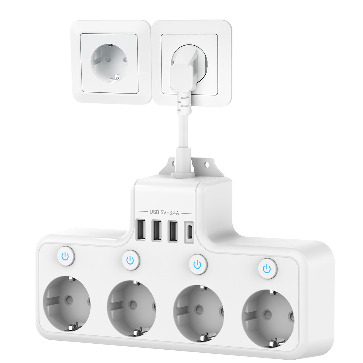 Ein weißes Verlängerungskabel mit 4 Steckdosen, 3 USB-Anschlüssen und 1 USB-C-Anschluss. Oben befinden sich zwei Steckdosen, in die ein Stecker eingesetzt ist.