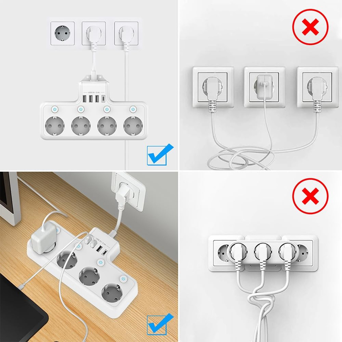 Ein Bild vergleicht Steckdosenleisten-Optionen. Richtige Optionen zeigen geordnete Stecker; falsche zeigen Kabelsalat oder überlastete Steckdosen.