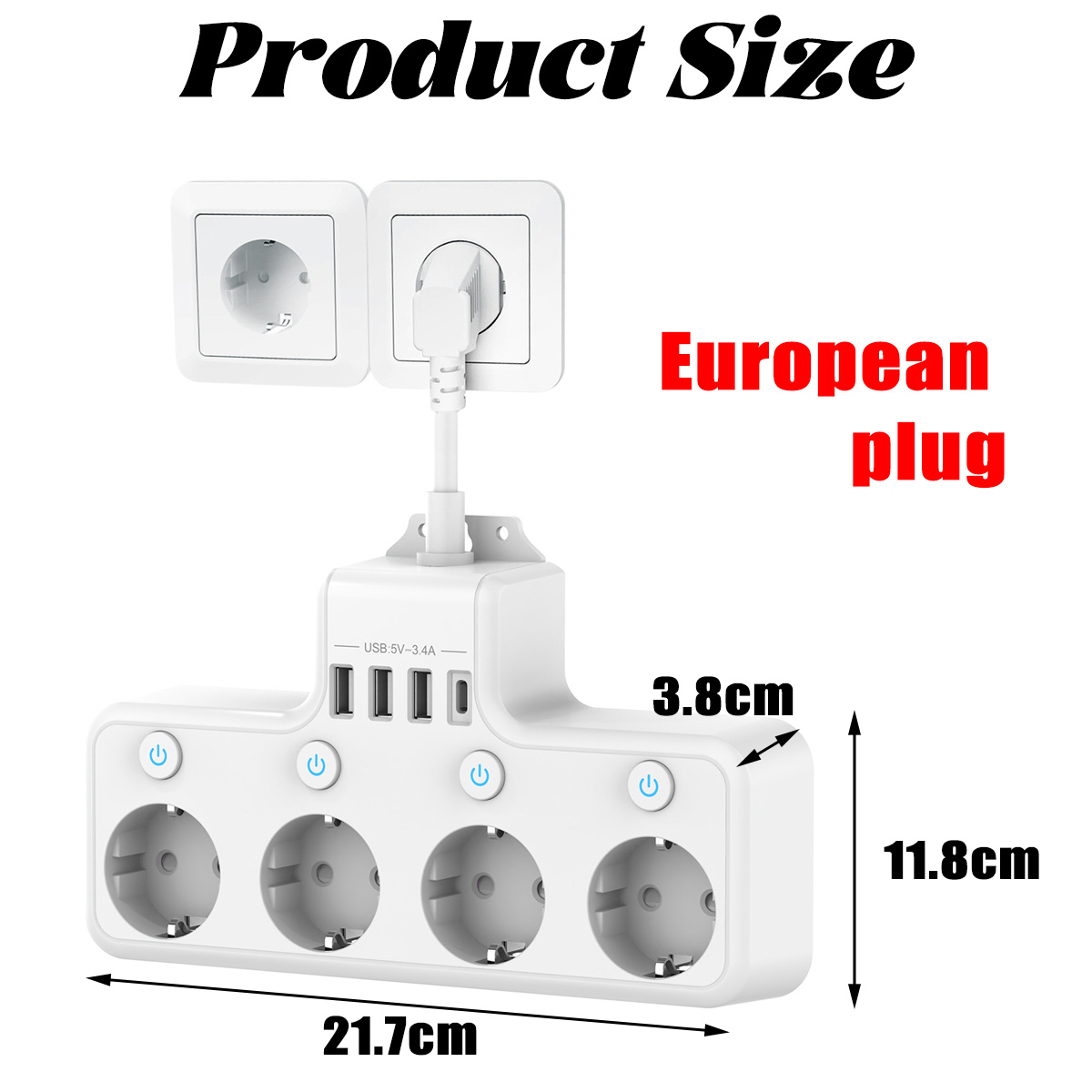 Weiße Steckdosenleiste mit mehreren Steckdosen, USB-Anschlüssen und einem Eurostecker. Abmessungen werden angezeigt, zusammen mit der Produktgröße.