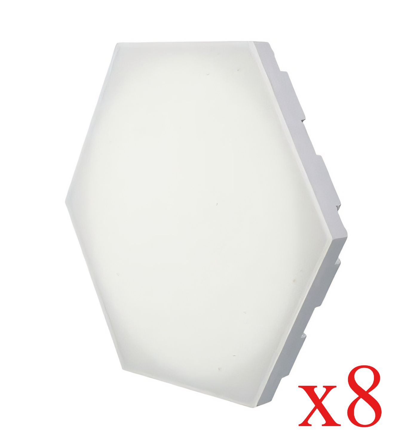 Ein weißes, sechseckiges Lichtpaneel. Die Seite ist grau. Die Zahl 'x8' ist unten rechts rot gedruckt.