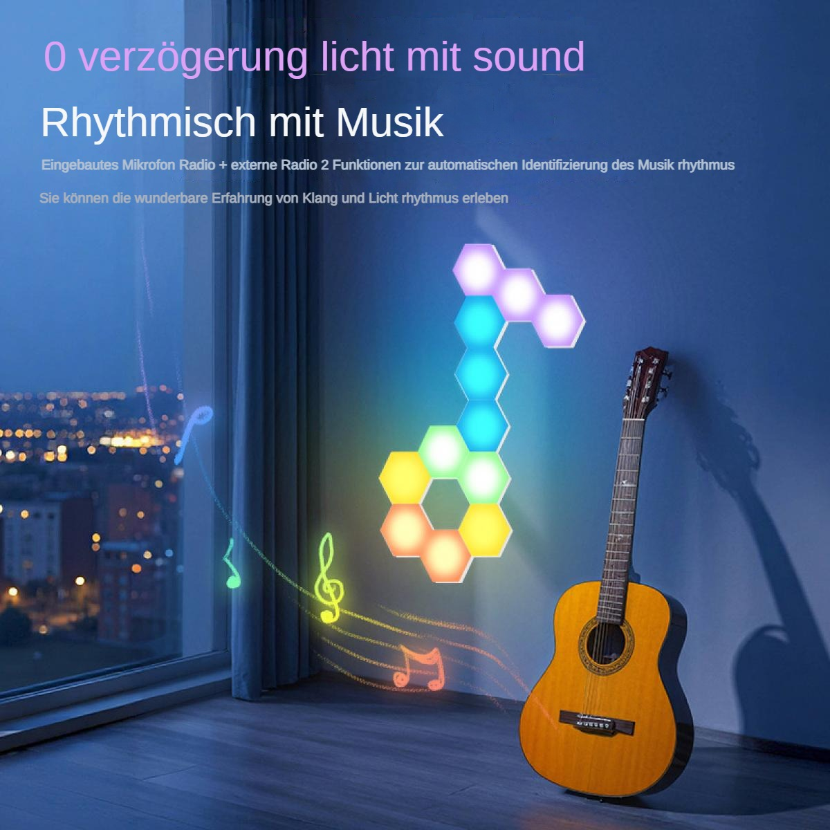 Akustikgitarre neben Wand mit farbwechselnden Sechsecklichtern. Noten fließen von den Lichtern. Text an der Wand auf Deutsch.