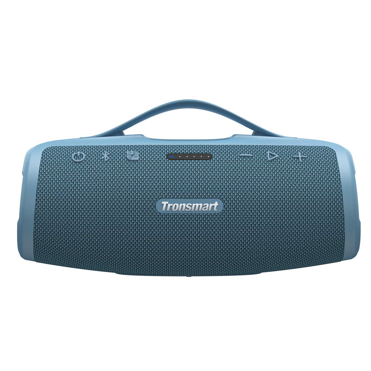 Ein türkisfarbener Tronsmart Bluetooth-Lautsprecher. Er hat einen Griff, Bedienelemente und eine Lautsprecherabdeckung aus Mesh.