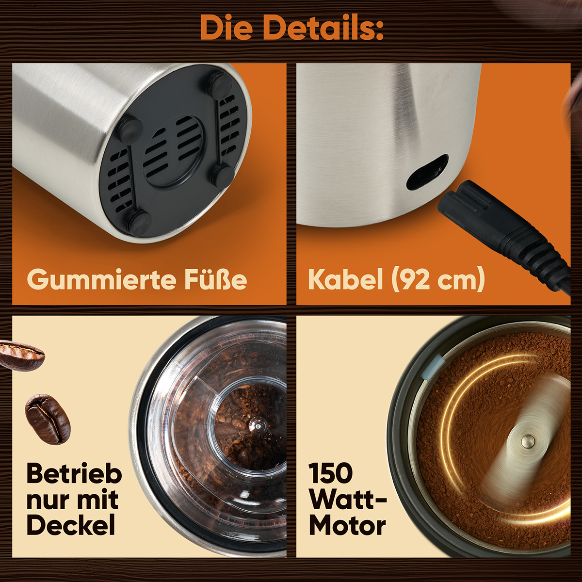 Details eines Kaffeemahlers. Zeigt Details des Bodens, des Kabels und des Inneren des Mahlwerks. Textbeschriftungen auf Deutsch.