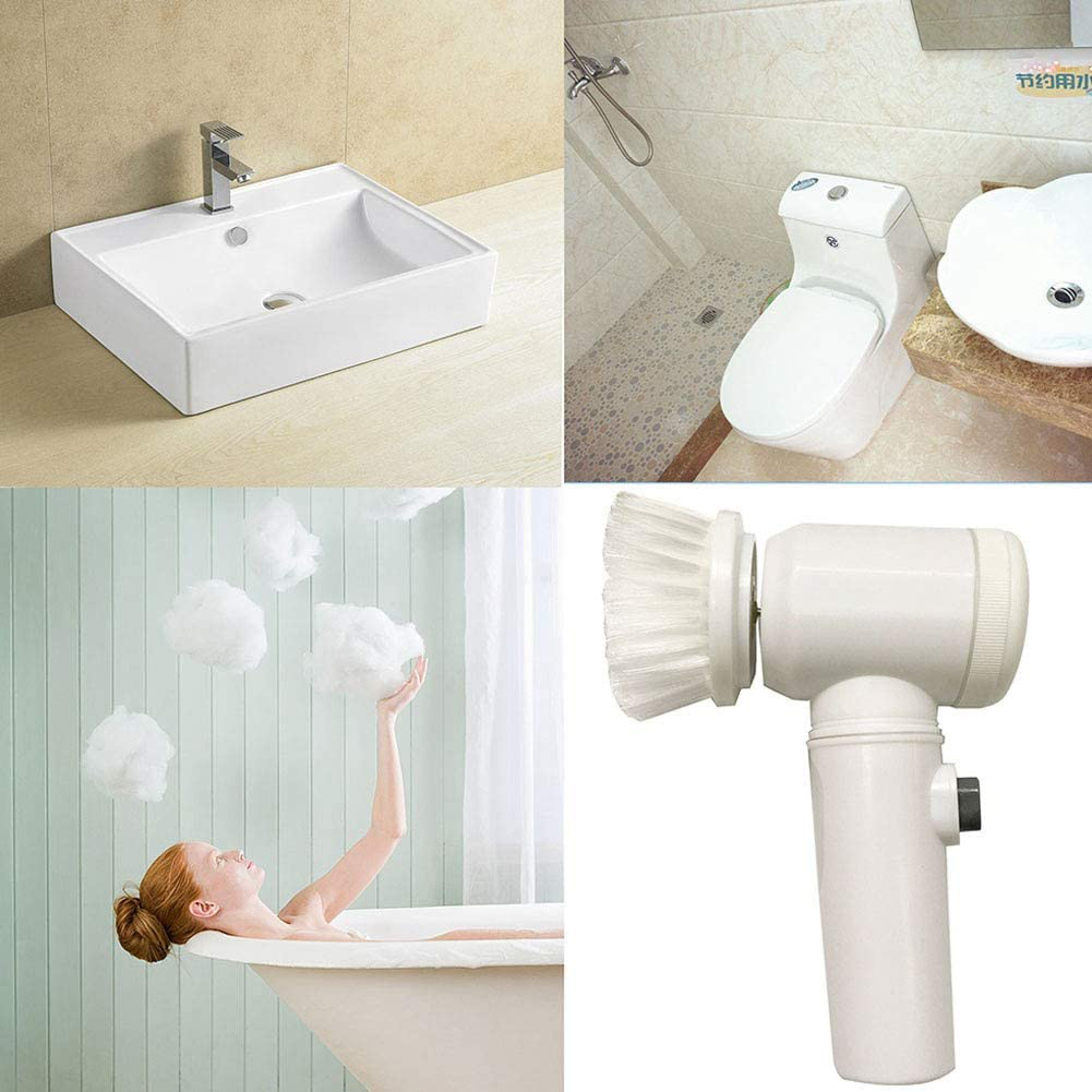 Eine Collage von Badeszenen: ein Waschbecken, eine Toilette, eine Frau in einer Badewanne und eine Reinigungsbürste.