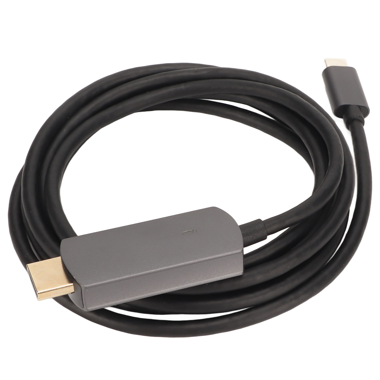 Ein schwarzes Kabel mit grauen Steckern liegt aufgerollt. Ein Ende hat einen goldfarbenen Anschluss, das andere einen USB-C-Stecker.