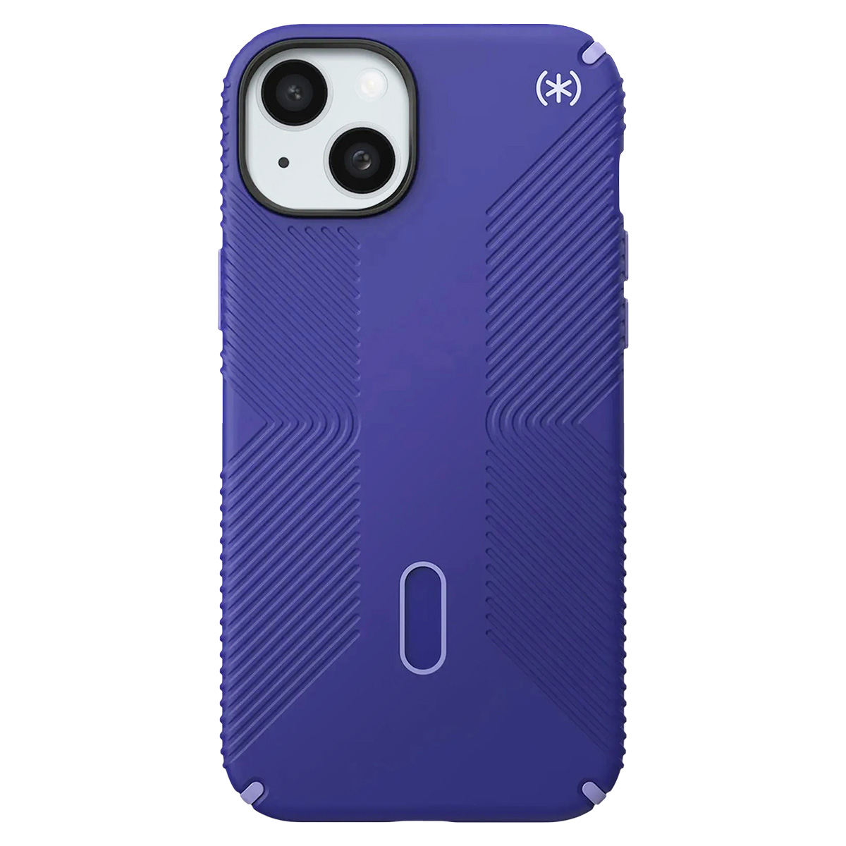 Una custodia per telefono viola con un ritaglio per la fotocamera. Ha lati strutturati e un logo. La custodia è su sfondo bianco.
