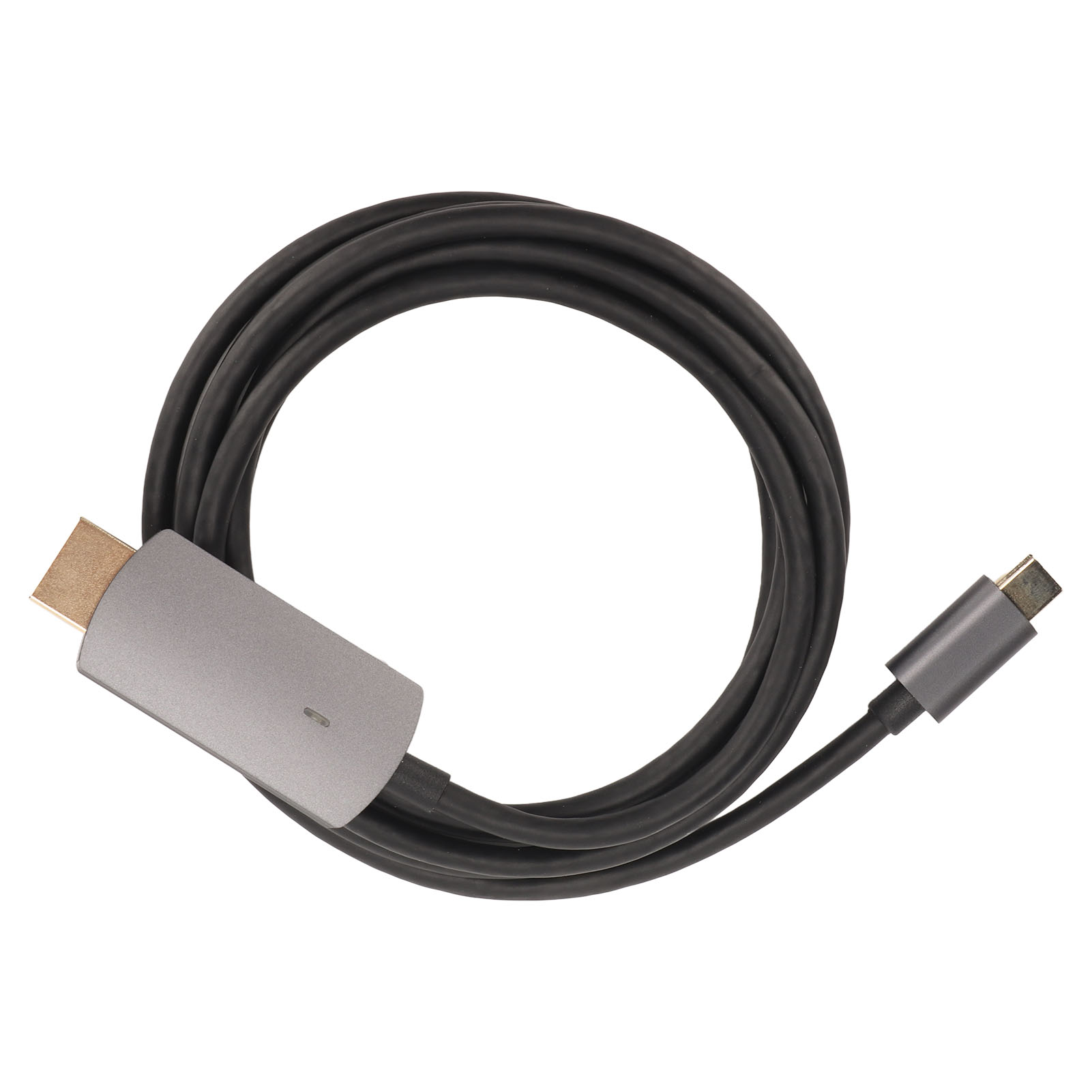 Ein schwarzes Kabel in kreisförmiger Form mit einem grauen Stecker und einem goldfarbenen Stecker auf weißem Hintergrund.