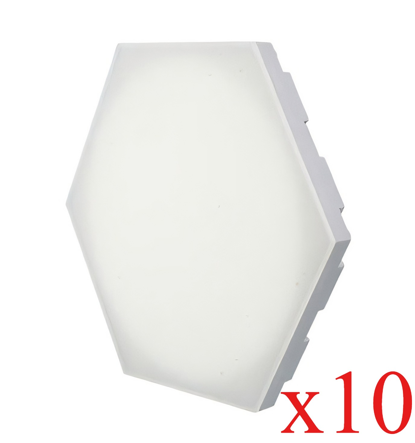 Eine weiße, sechseckige Lichttafel, teilweise beleuchtet. Die Seite hat einen grauen Rahmen. Roter Text 'x10' in der unteren rechten Ecke.