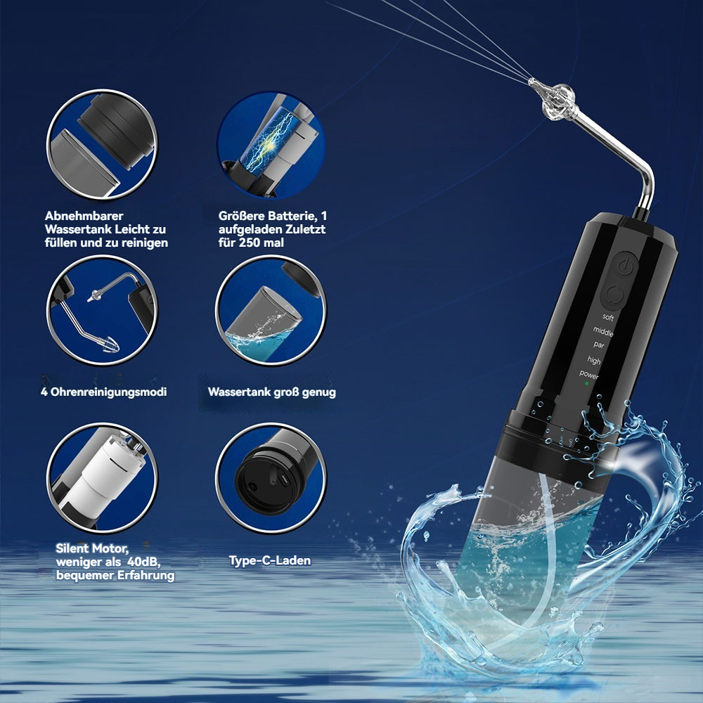 Ein schwarzer und transparenter Wasserflosser mit detaillierten Komponenten: Wassertank, Akku und Reinigungsmodi, mit Wasserspray.