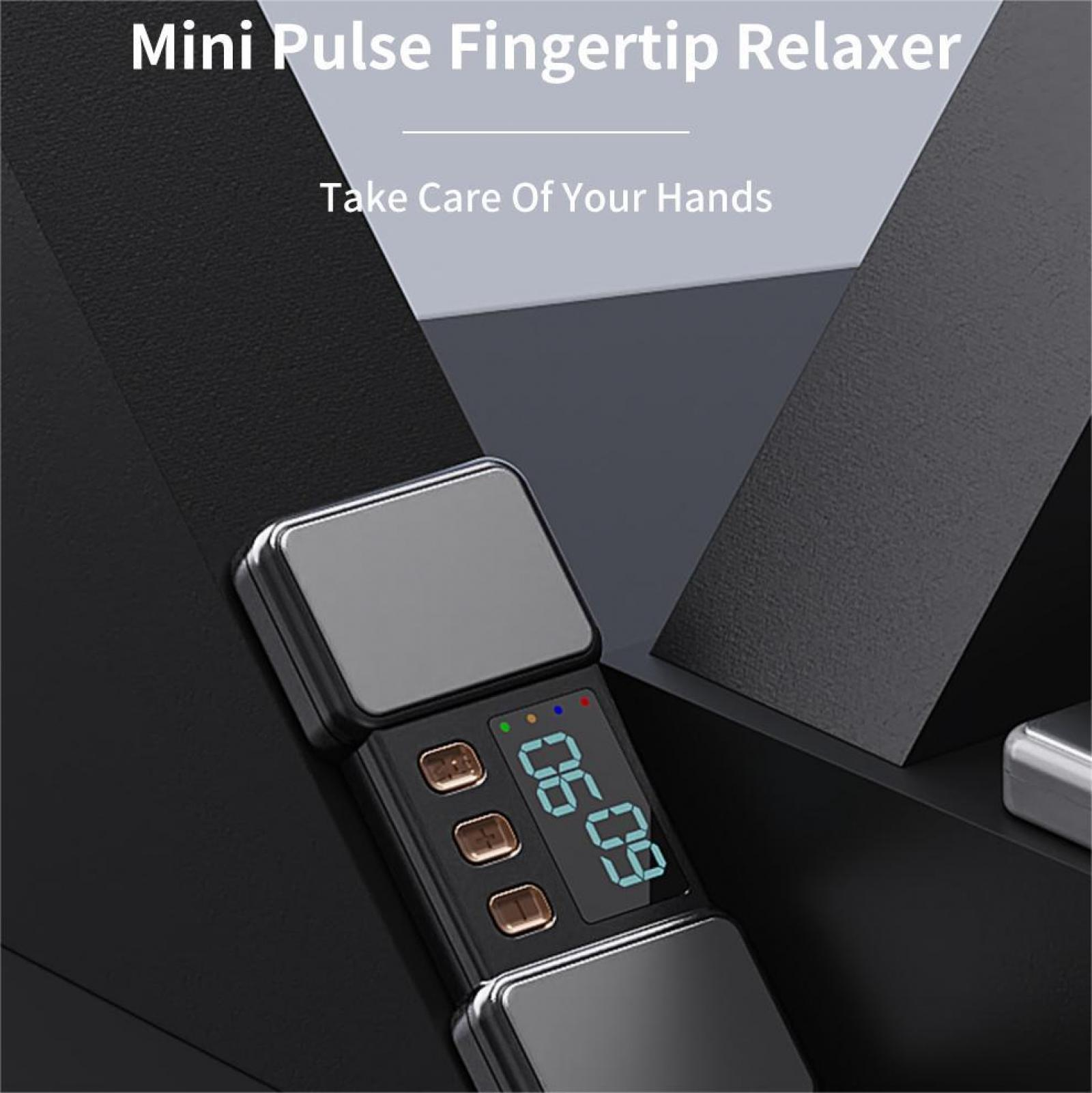 Ein schwarzer und grauer Fingerkuppen-Entspanner mit digitaler Anzeige, die die Zeit anzeigt. Der Hintergrund ist dunkel, mit Text 'Mini Pulse Fingertip Relaxer'.