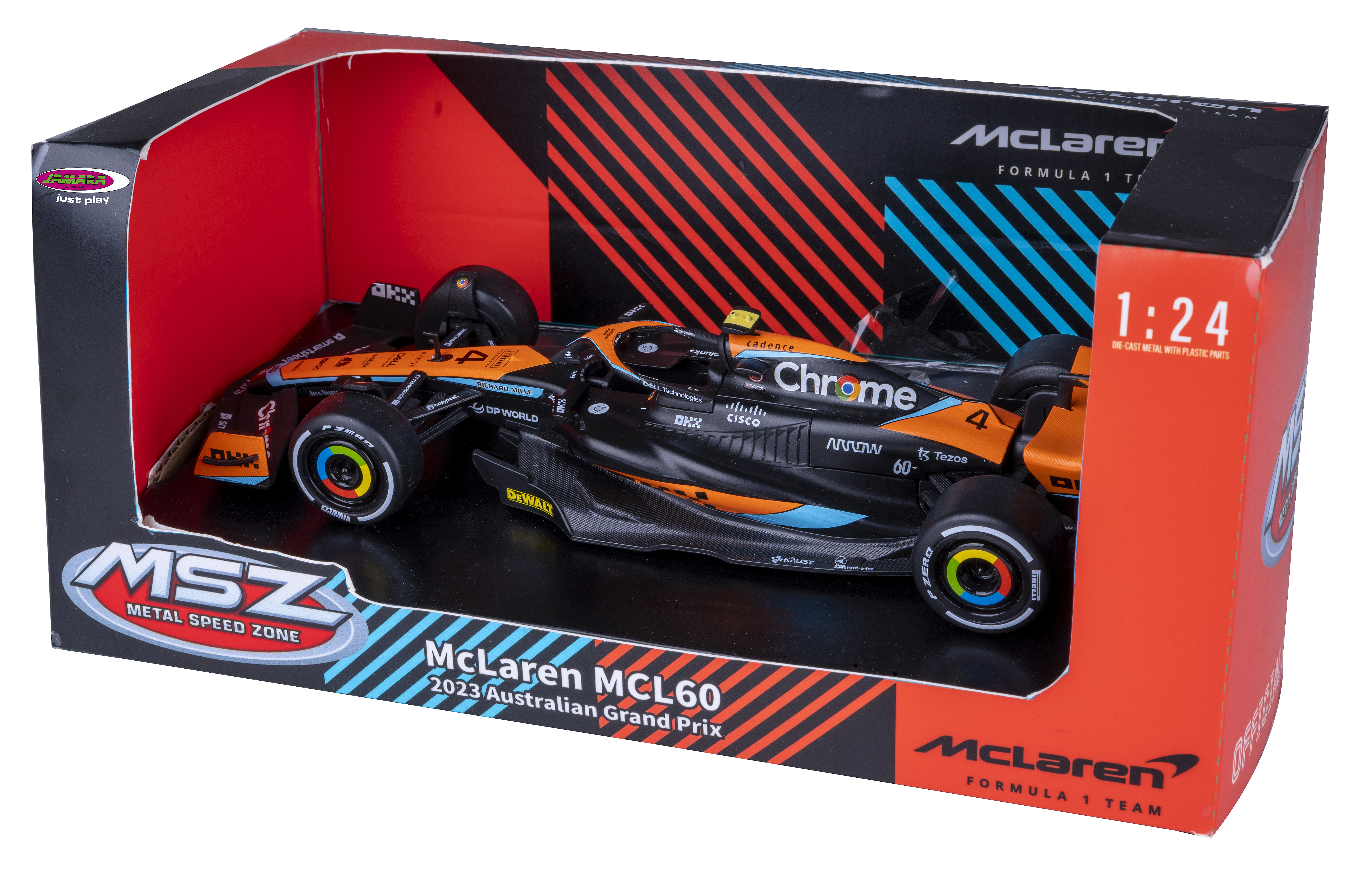 Ein McLaren MCL60 Modellauto in seinem Karton. Es ist schwarz und orange, mit Sponsorenlogos. Die Schachtel ist rot und schwarz.