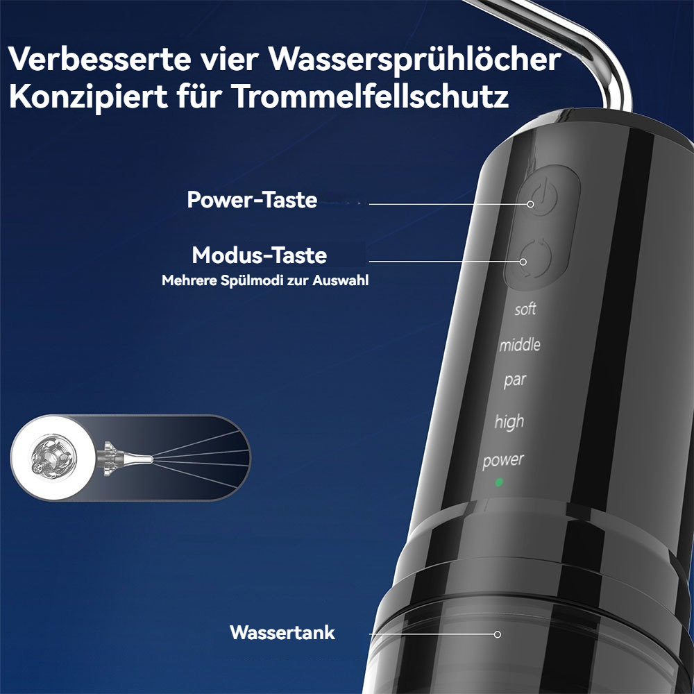 Ein schwarzer Munddusche mit deutschen Beschriftungen. Es zeigt eine Düse, Knöpfe und einen Wassertank. Das Gerät hat Modi und eine Leistungsanzeige.