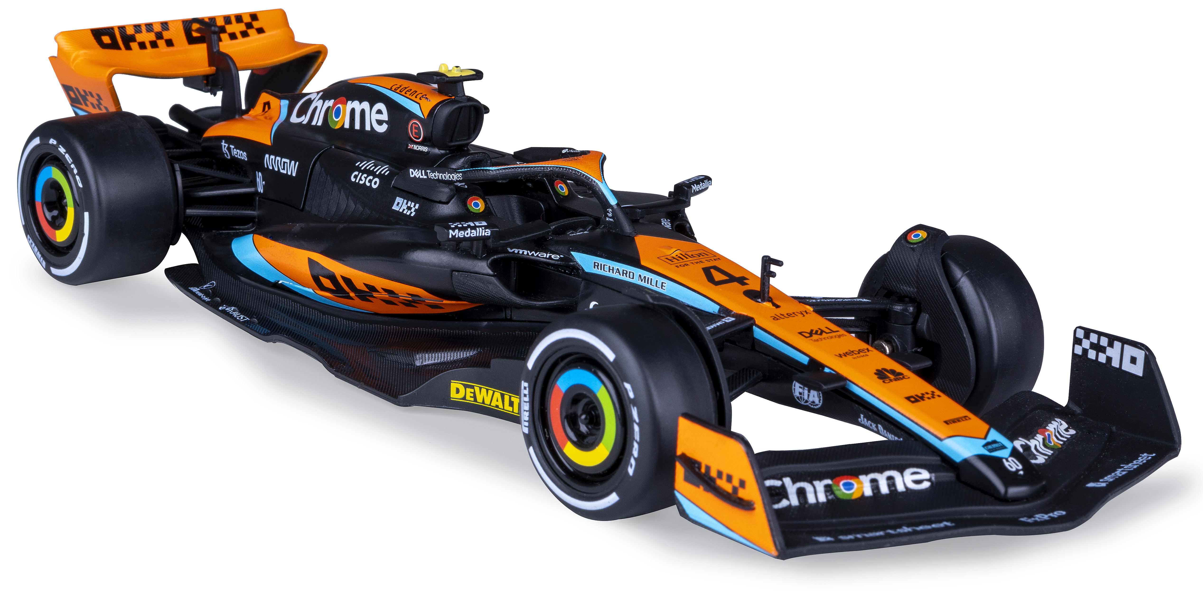 Ein detailliertes Modell eines McLaren F1-Autos. Es hat orange und schwarze Farben, Sponsorenlogos und die Nummer 4. Räder sichtbar.