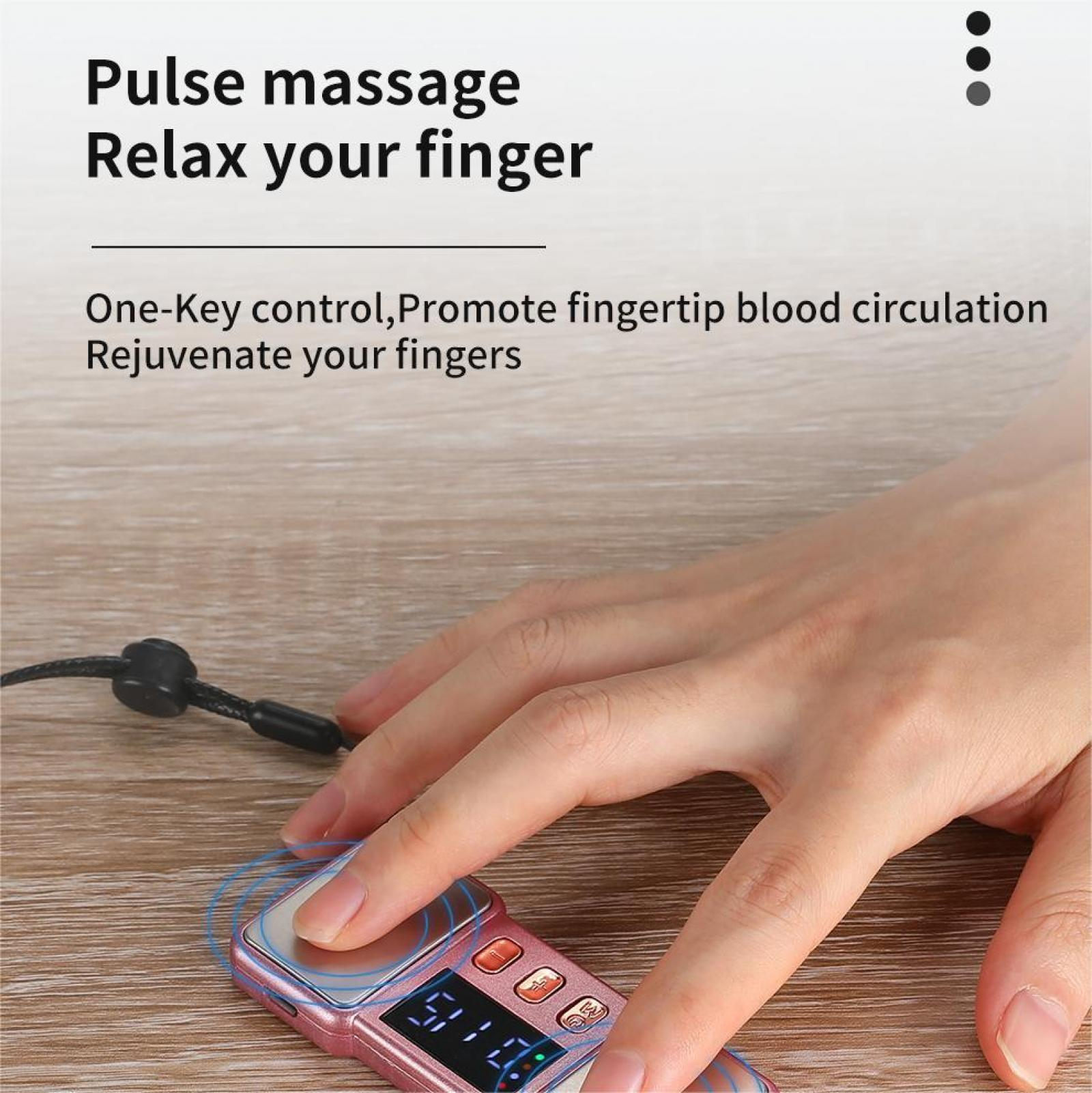 Eine Hand ruht auf einem rosa Fingermassagegerät. Text lautet: Pulsmassage, Entspannen Sie Ihren Finger. Das Gerät hat ein digitales Display.